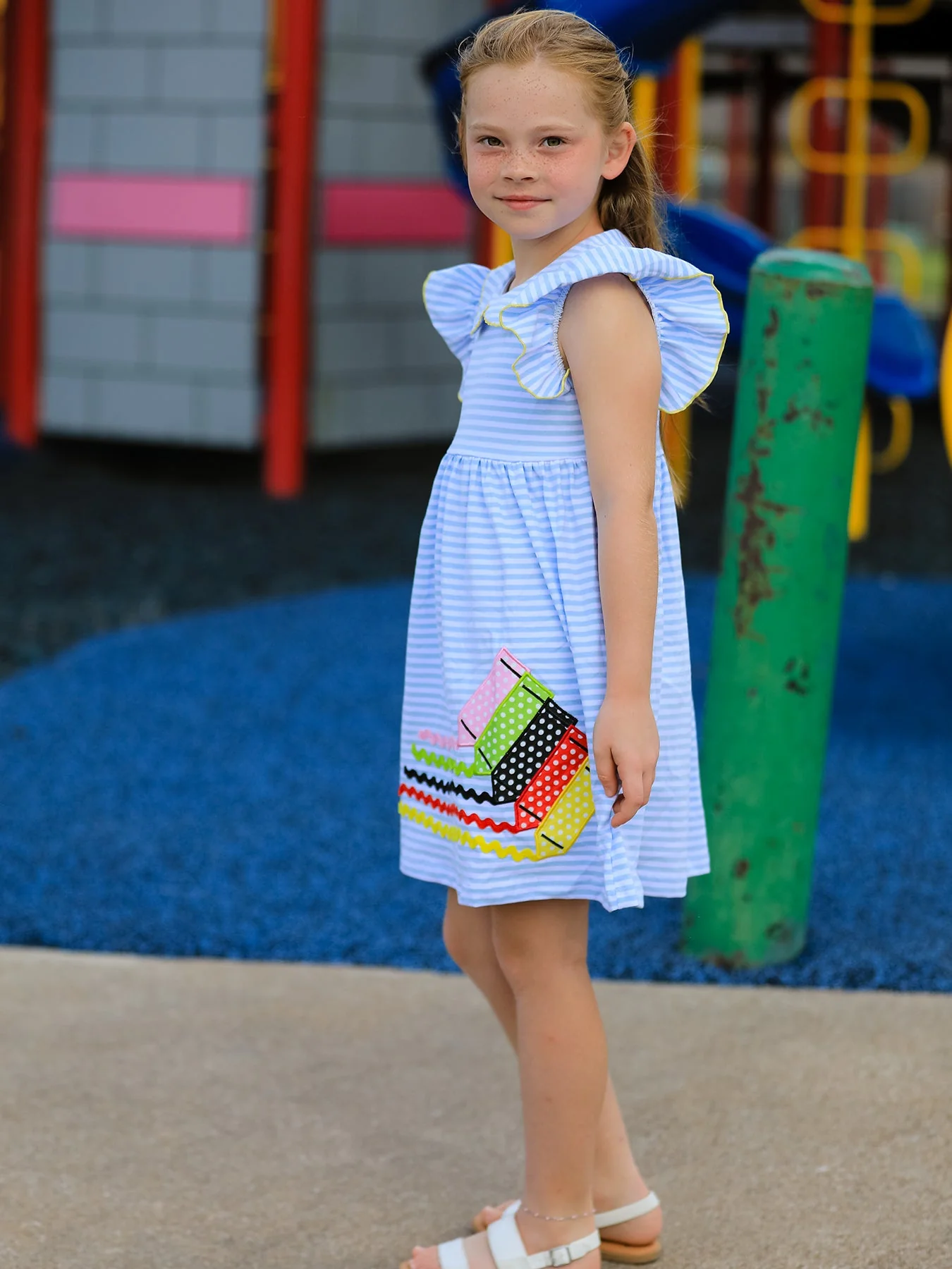 Girls Back To School Crayon Dress Ruffle Petal Collar Applique - Image 5