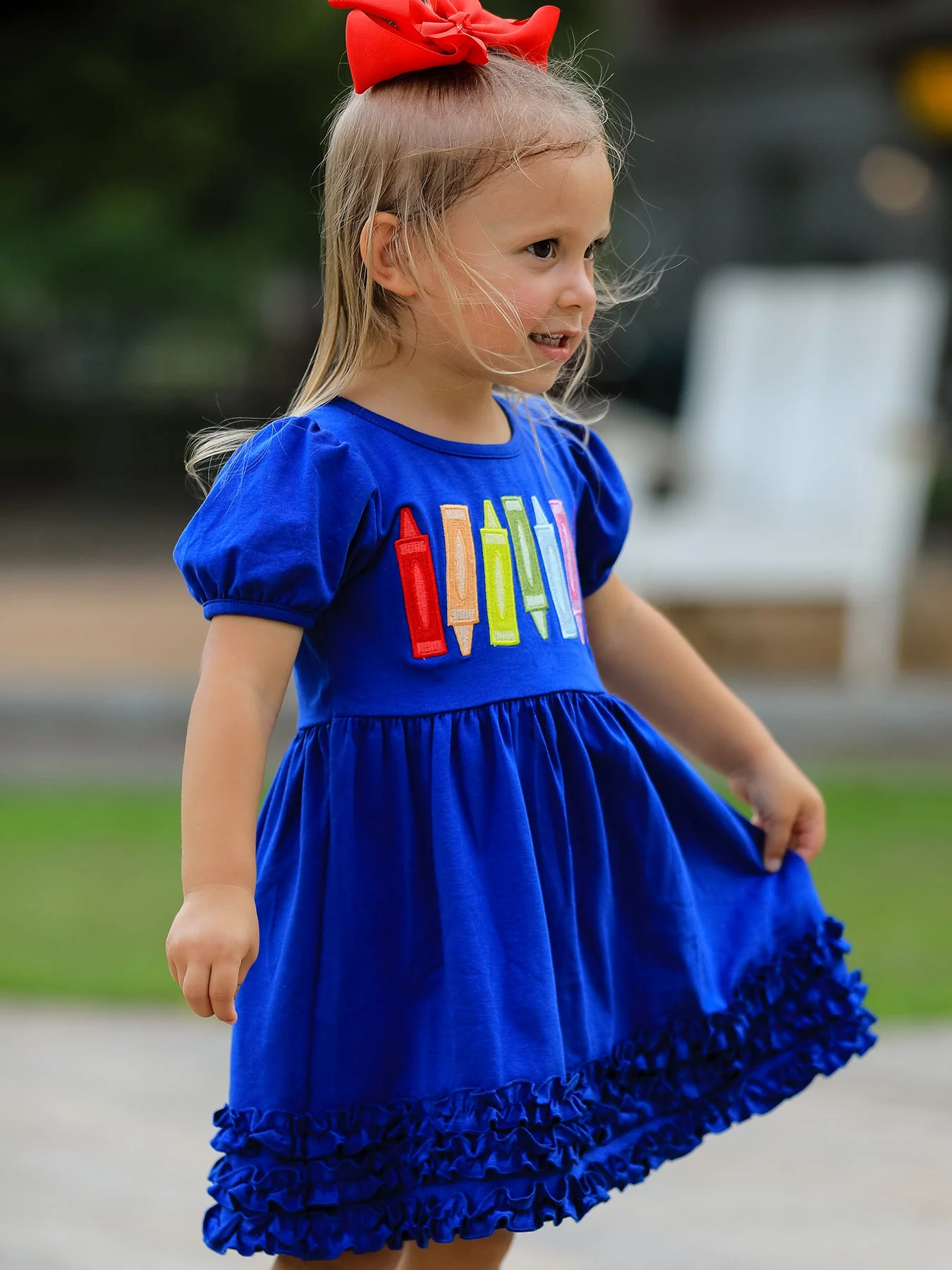 Girls Back To School Crayon Twirl Dress Ruffle Applique - Image 2