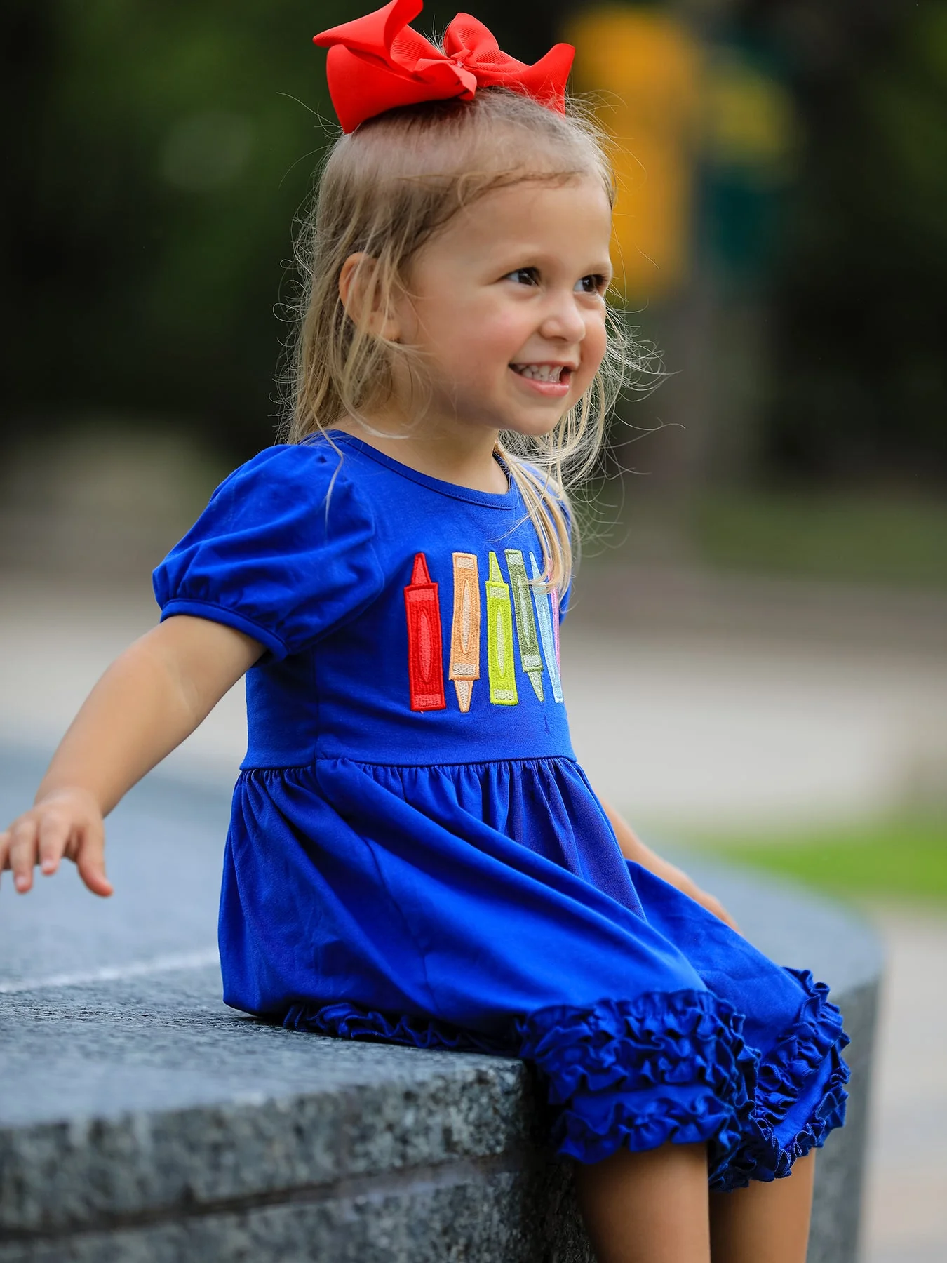 Girls Back To School Crayon Twirl Dress Ruffle Applique - Image 3
