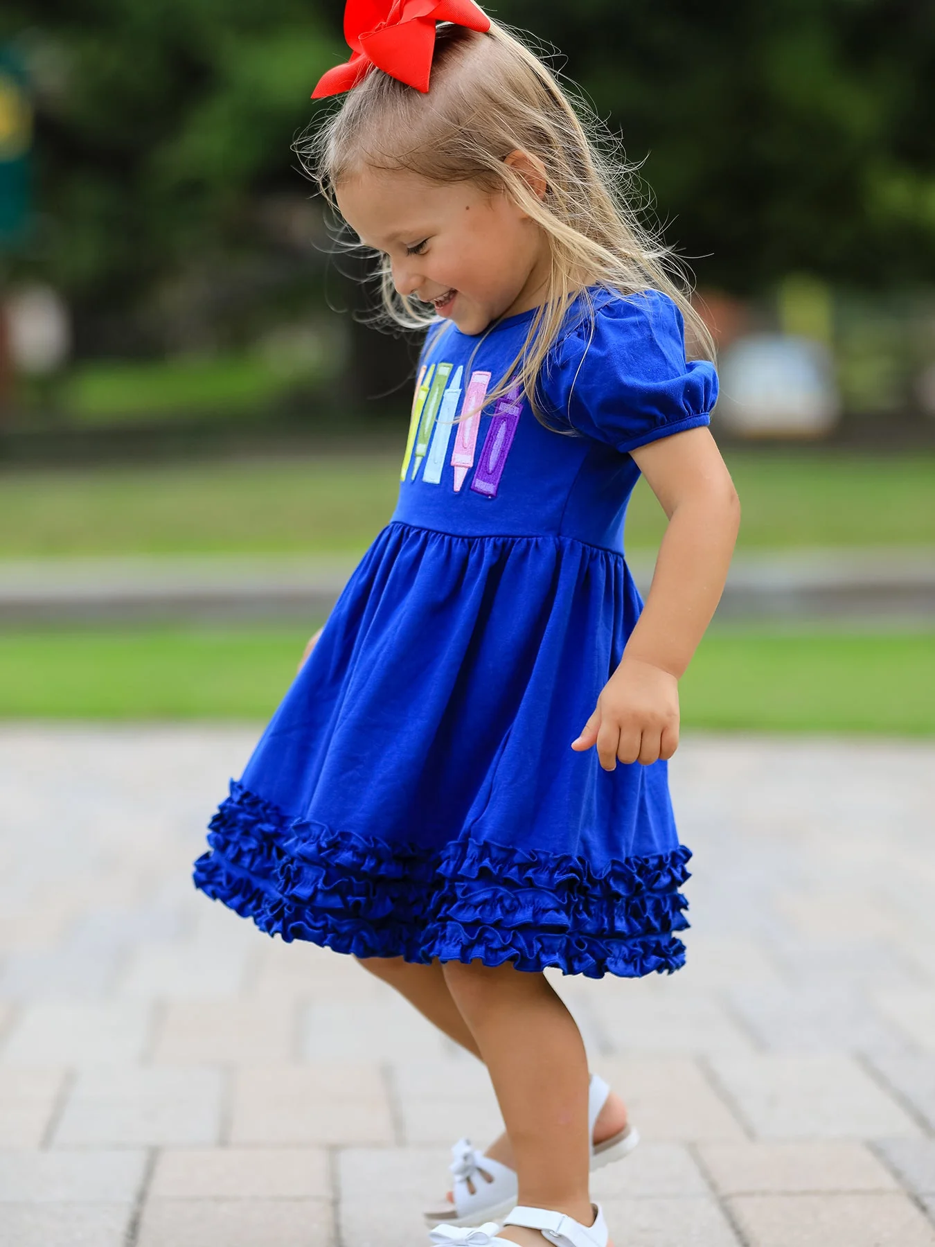 Girls Back To School Crayon Twirl Dress Ruffle Applique - Image 4