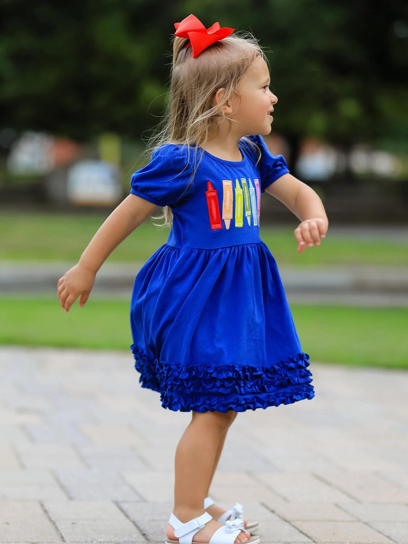 Girls Back To School Crayon Twirl Dress Ruffle Applique - Image 5