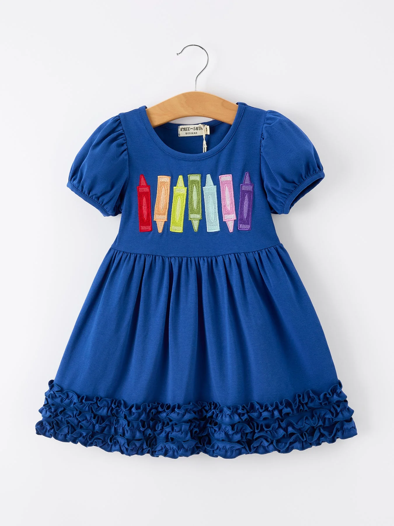 Girls Back To School Crayon Twirl Dress Ruffle Applique - Image 6