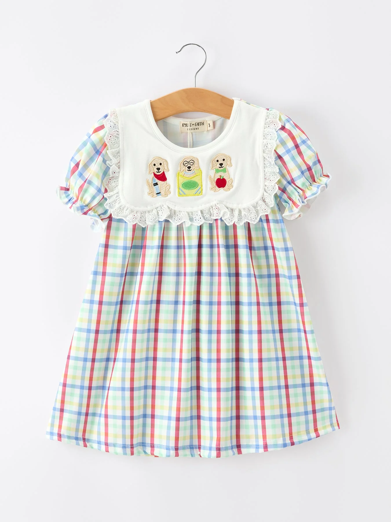 Girls Back To School Dog Plaid Twirl Dress
