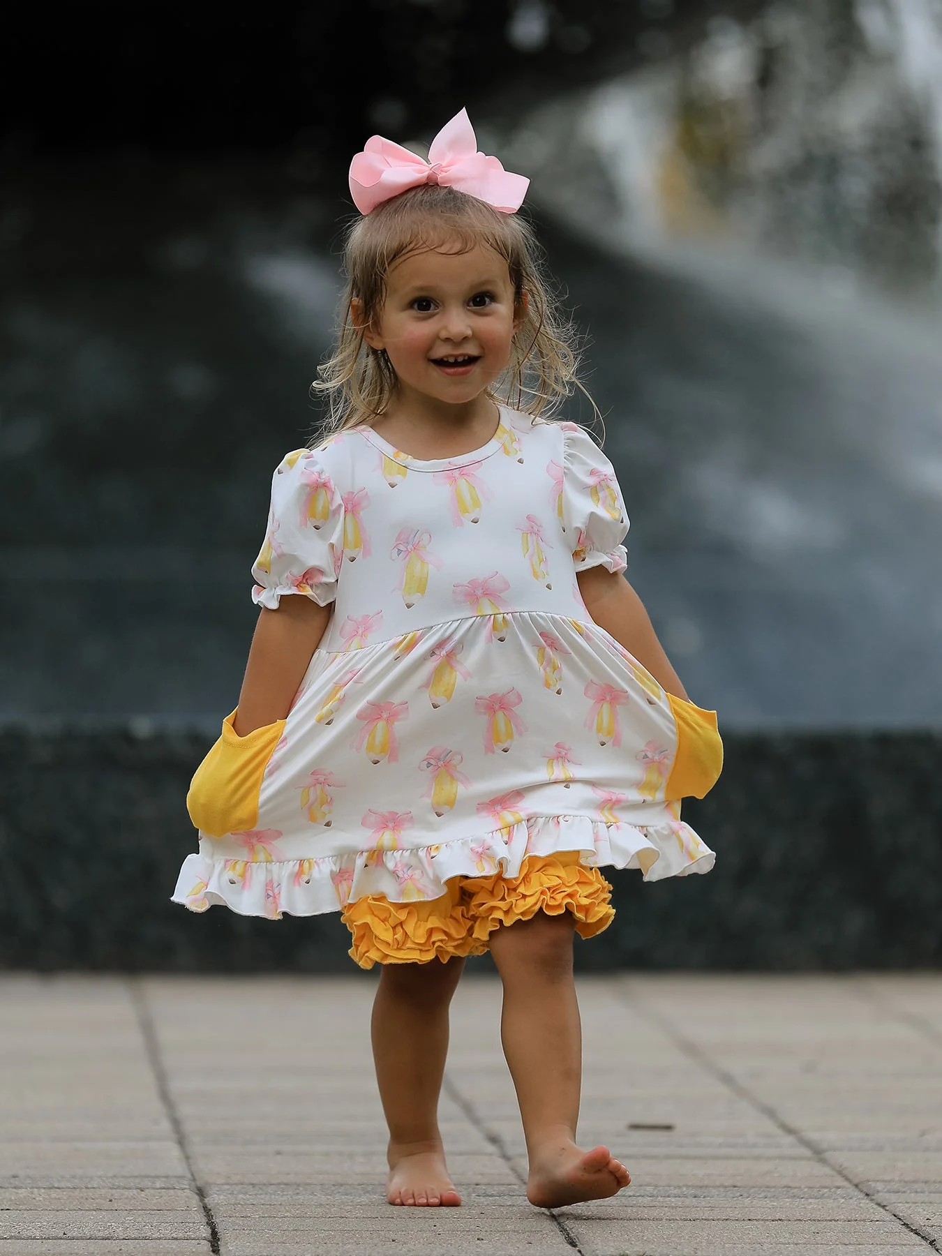 Girls Back To School Pencil Bow Pocket Ruffle Top Shorts Set - Image 3