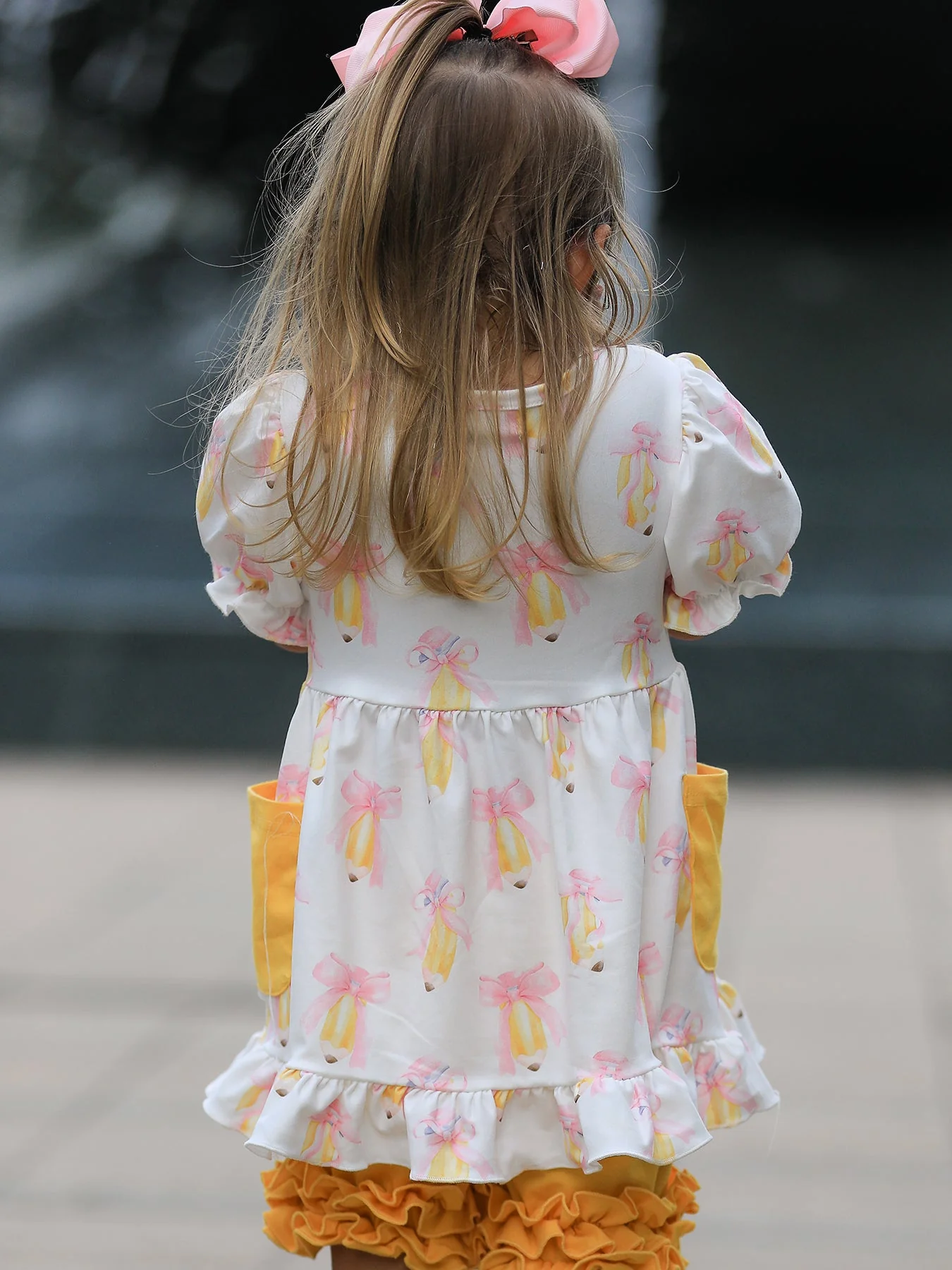 Girls Back To School Pencil Bow Pocket Ruffle Top Shorts Set - Image 5