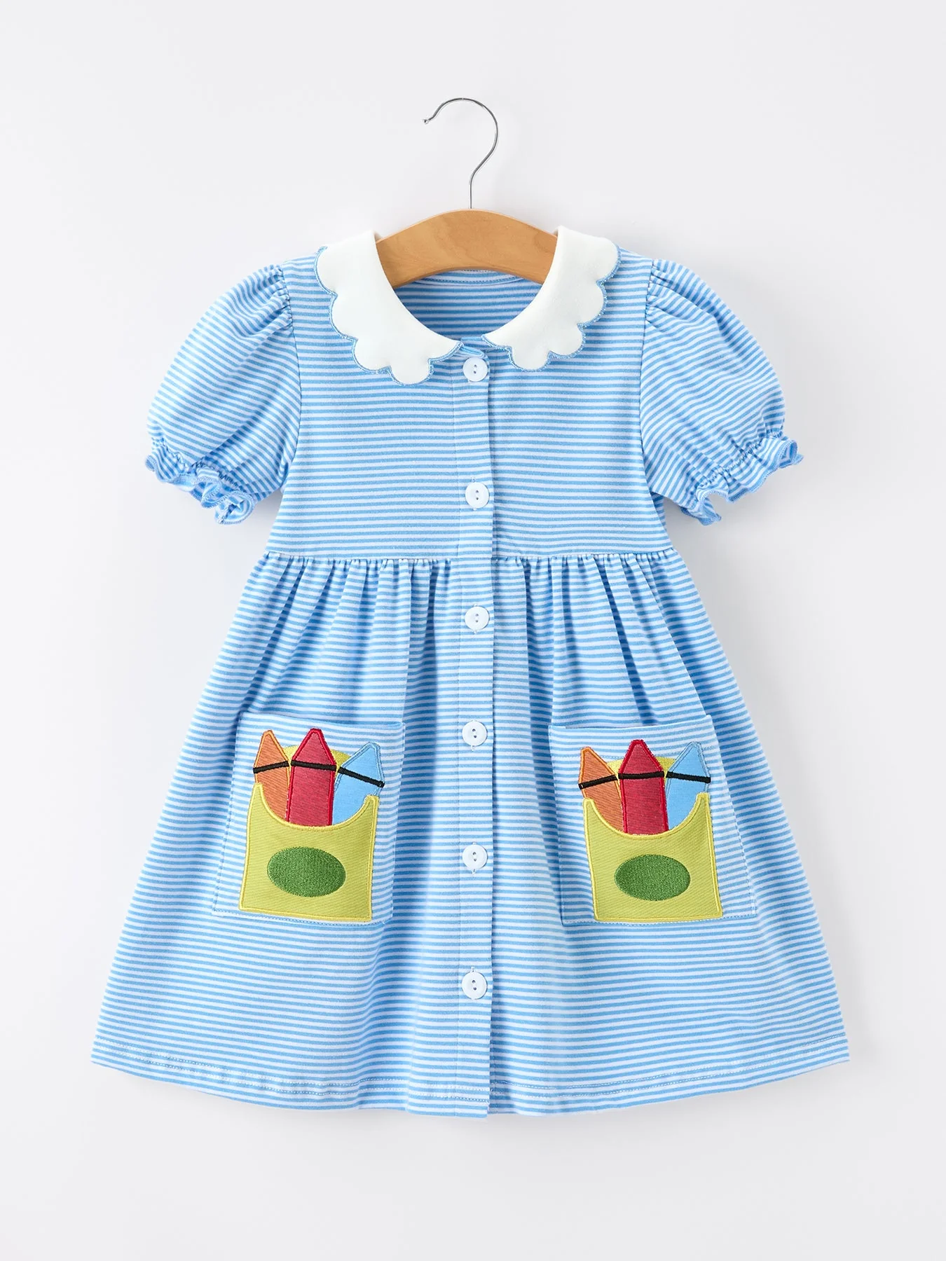 Girls Back To School Pencil Dress Petals Collar Pocket Applique