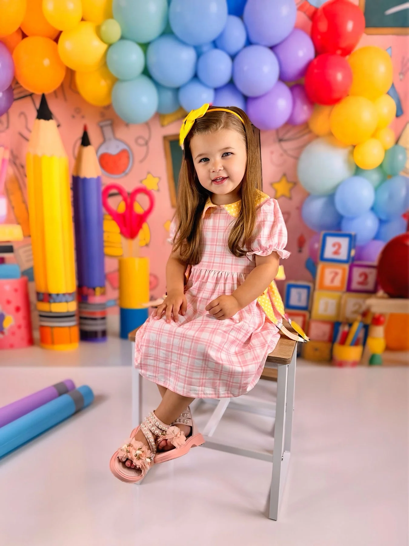 Girls Back To School Pencil Plaid Twirl Dress Bow Petals Collar - Image 6