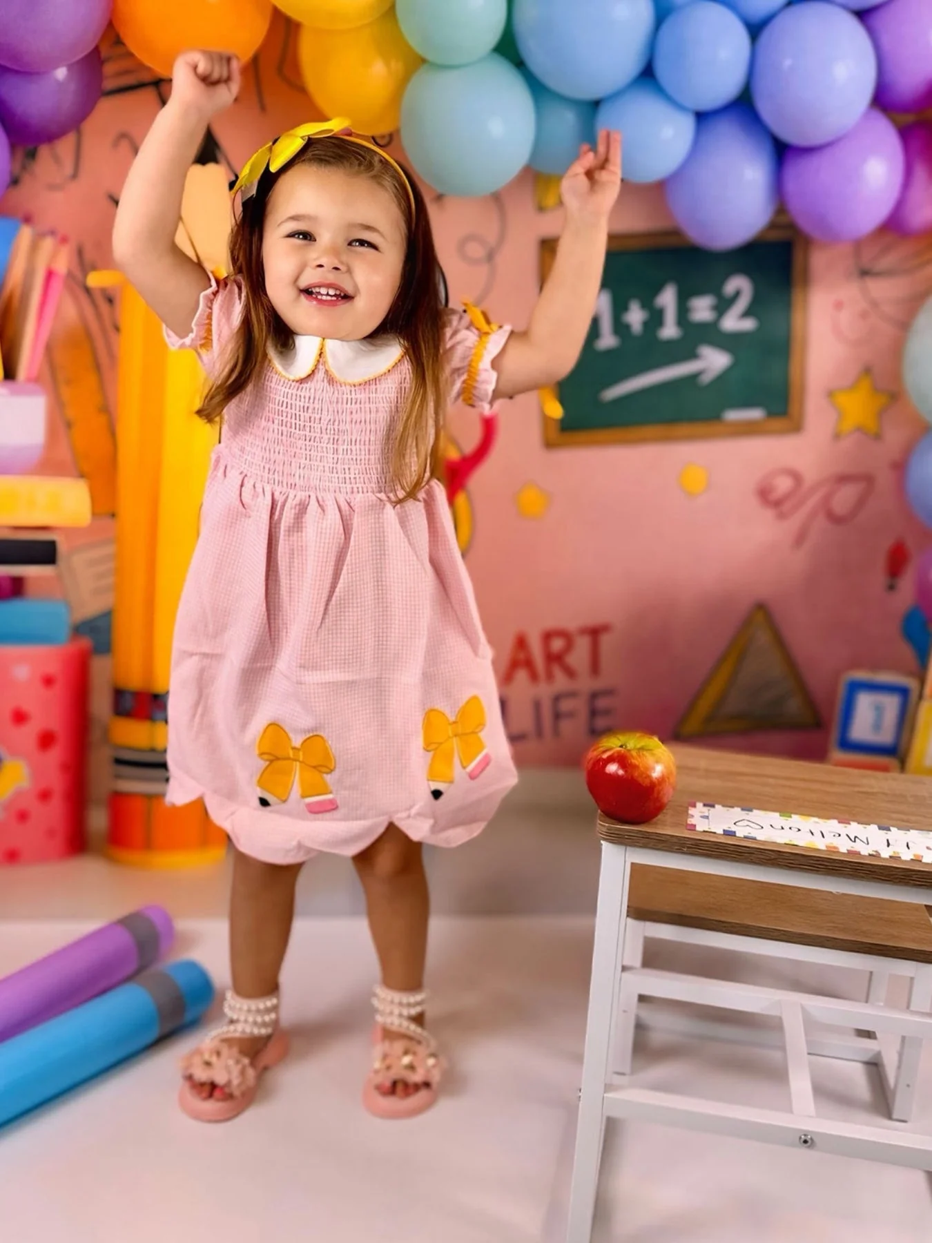 Girls Back To School Pencil Twirl Dress Bow Applique Smocked - Image 2