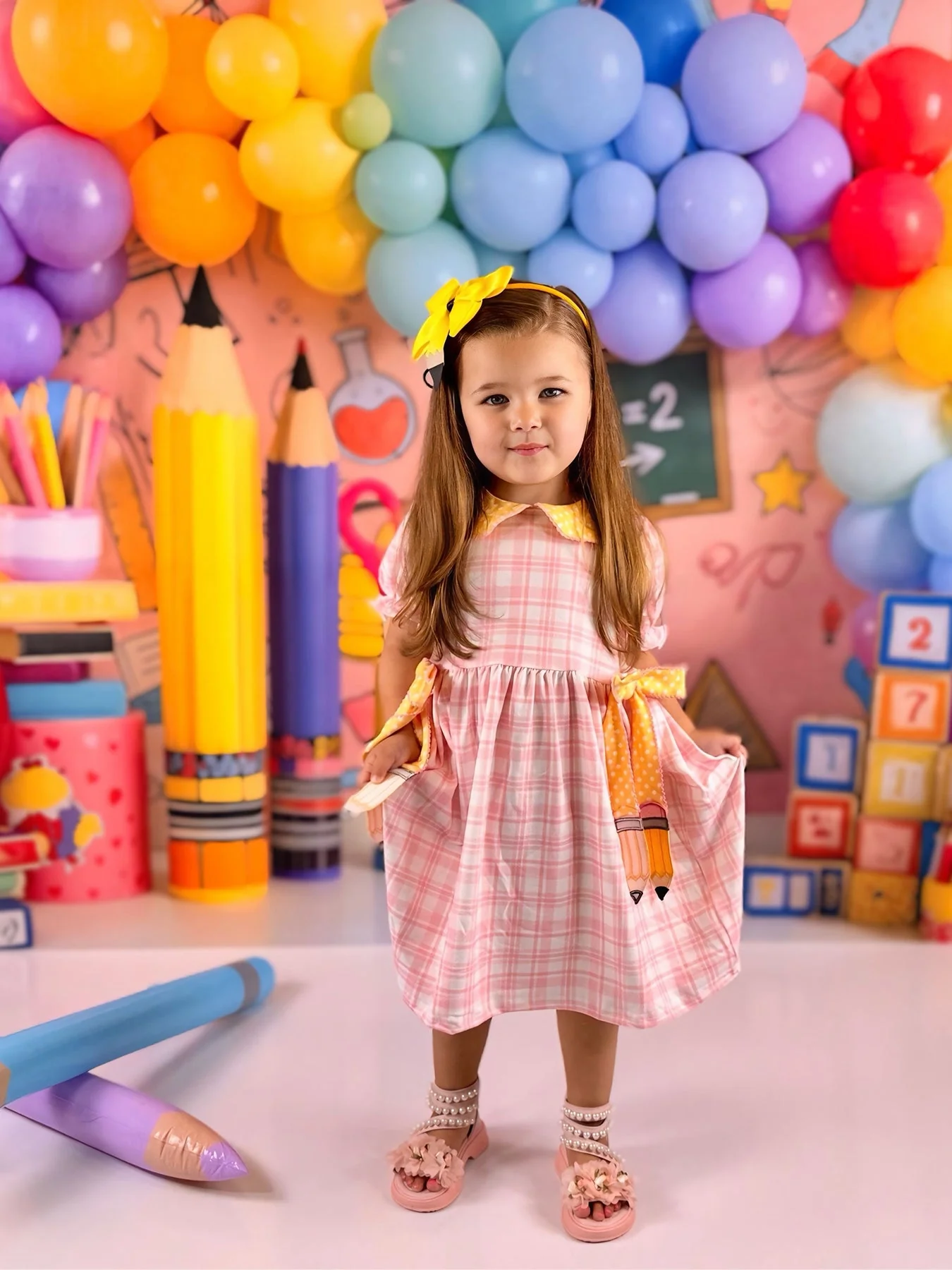 Girls Back To School Pencil Twirl Dress Bow Applique Smocked - Image 3