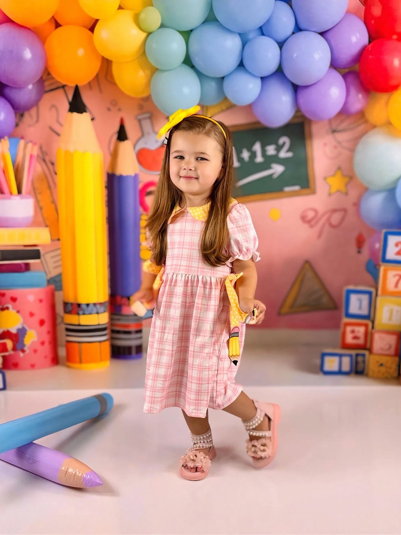 Girls Back To School Pencil Twirl Dress Bow Applique Smocked - Image 6