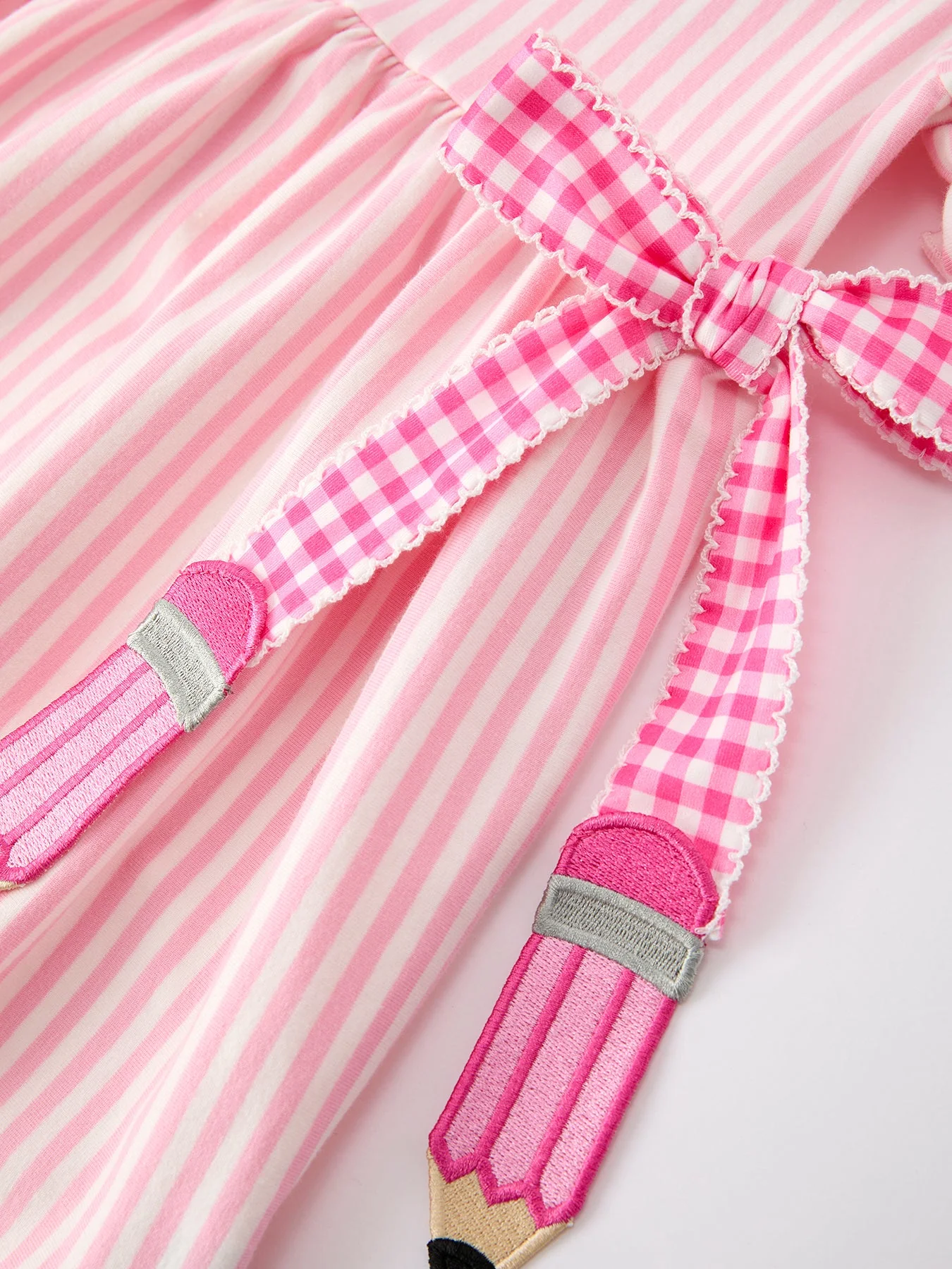 Girls Back To School Pink Plaid Petals Collar Pencil Applique Dress - Image 4