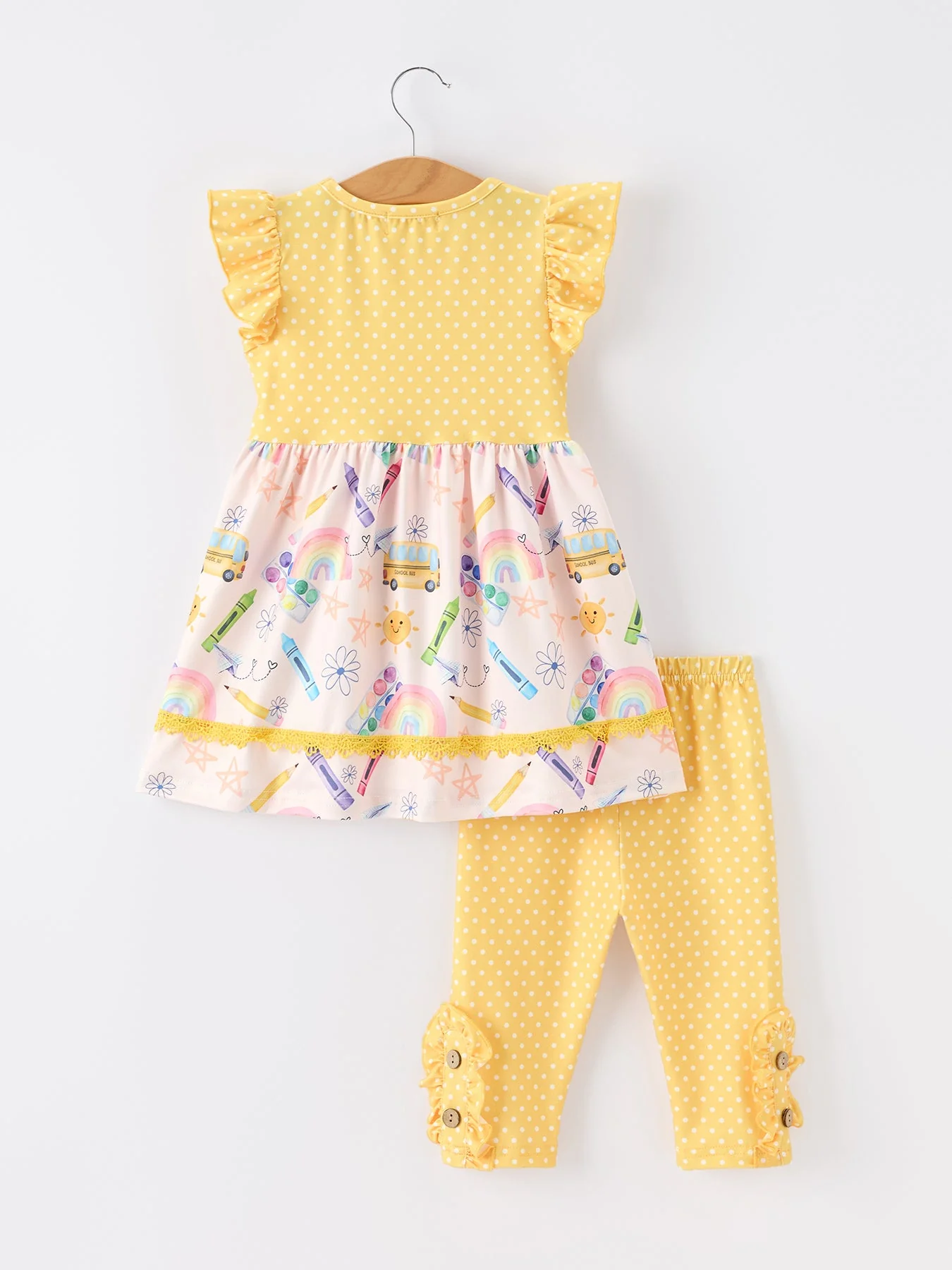 Girls Back To School Rainbow School Bus Ruffle Dress Leggings Set - Image 2