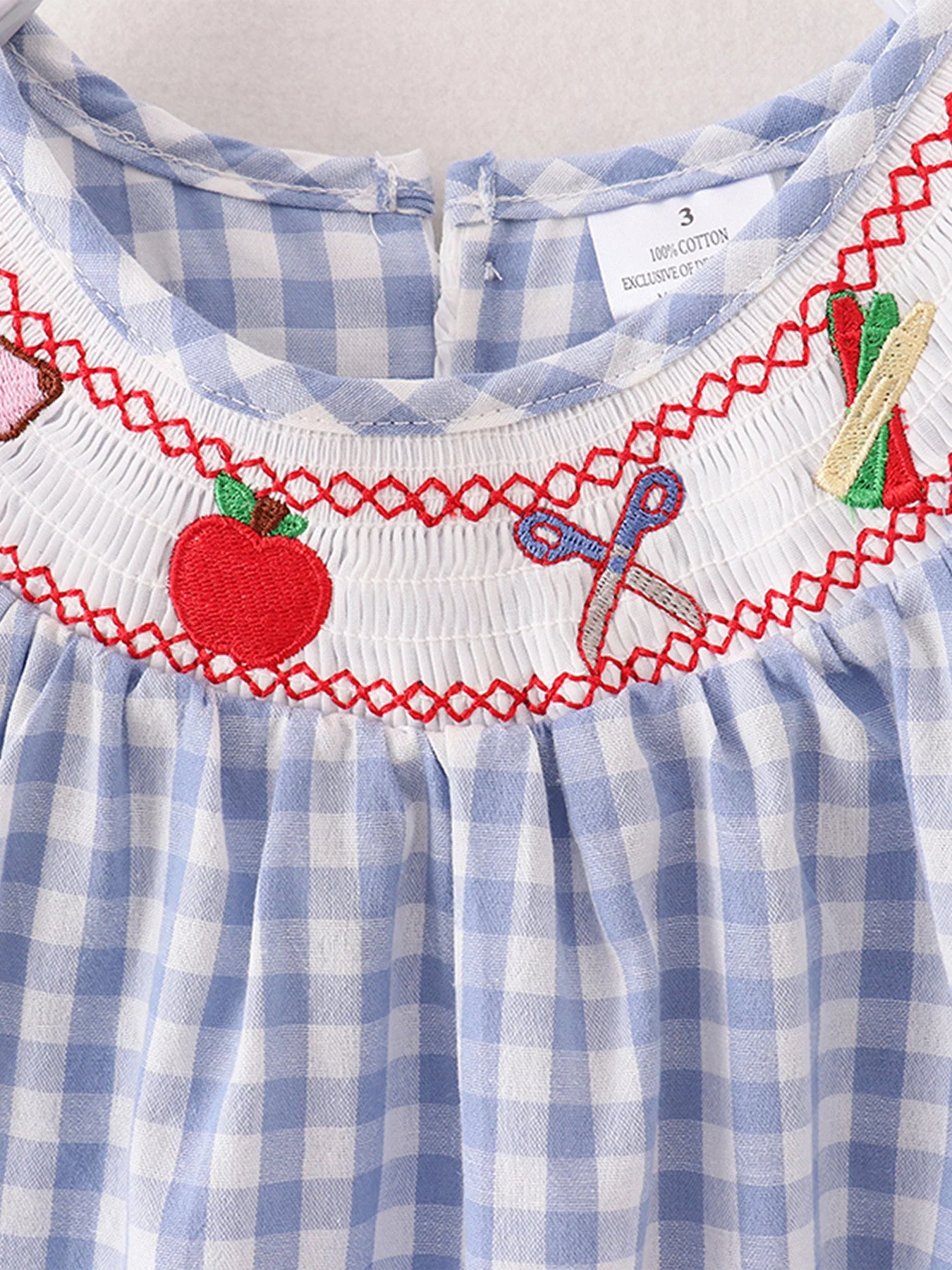 Girls Back to School Smocking Pencil Apple Embroidered Plaid Dress - Image 3