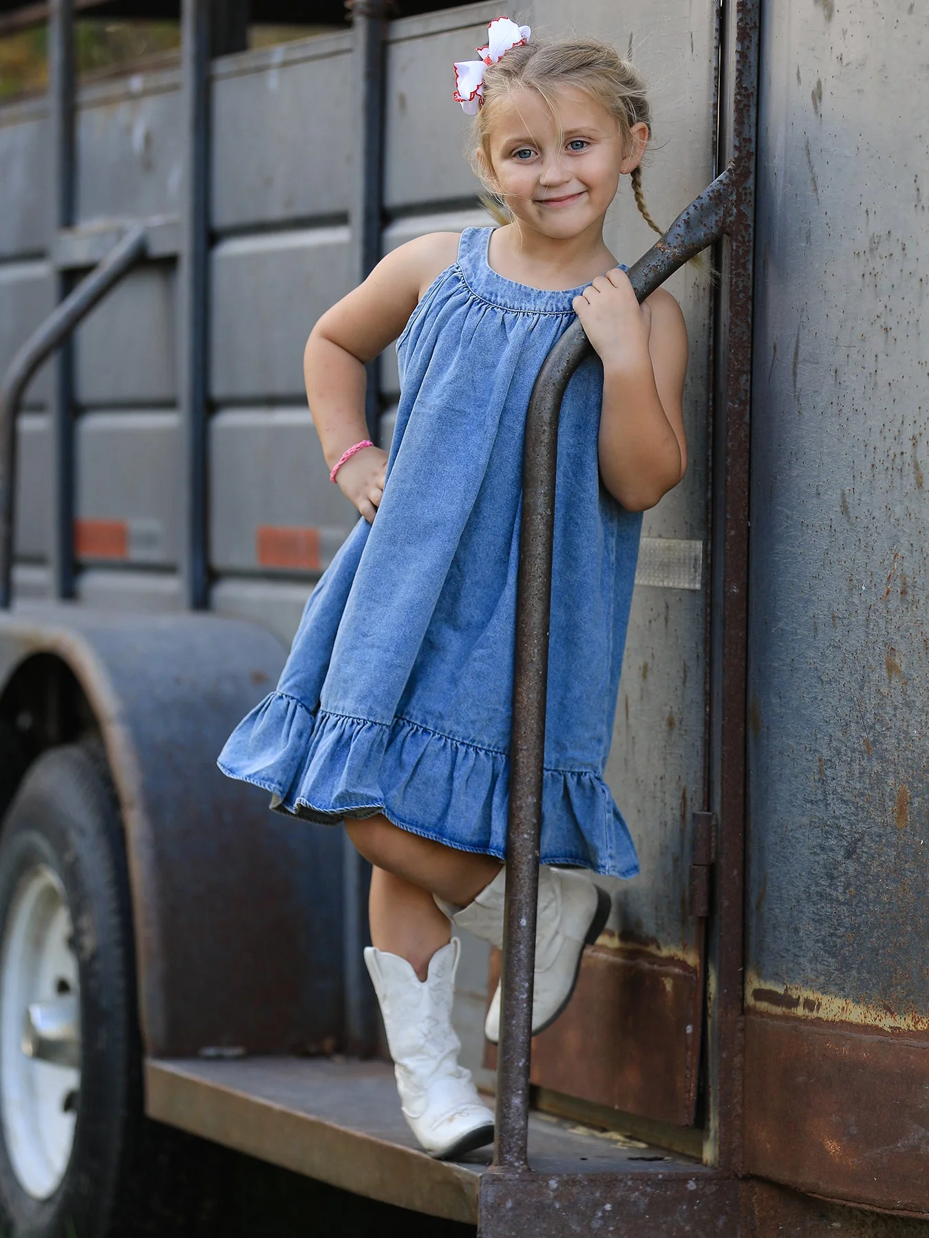 Girls Denim Ruffle Trim A-Line Dress - Image 2