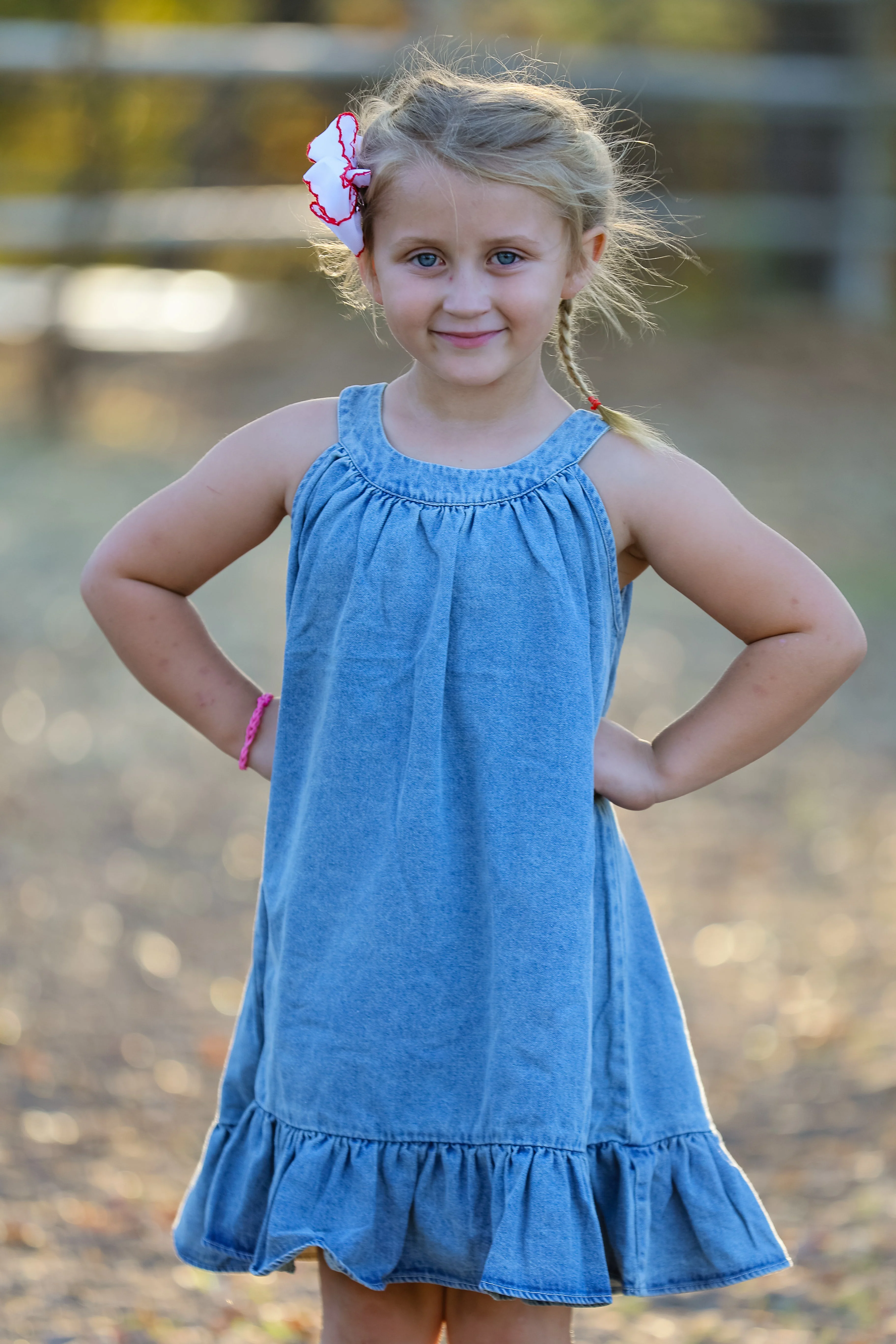 Girls Denim Ruffle Trim A-Line Dress - Image 3