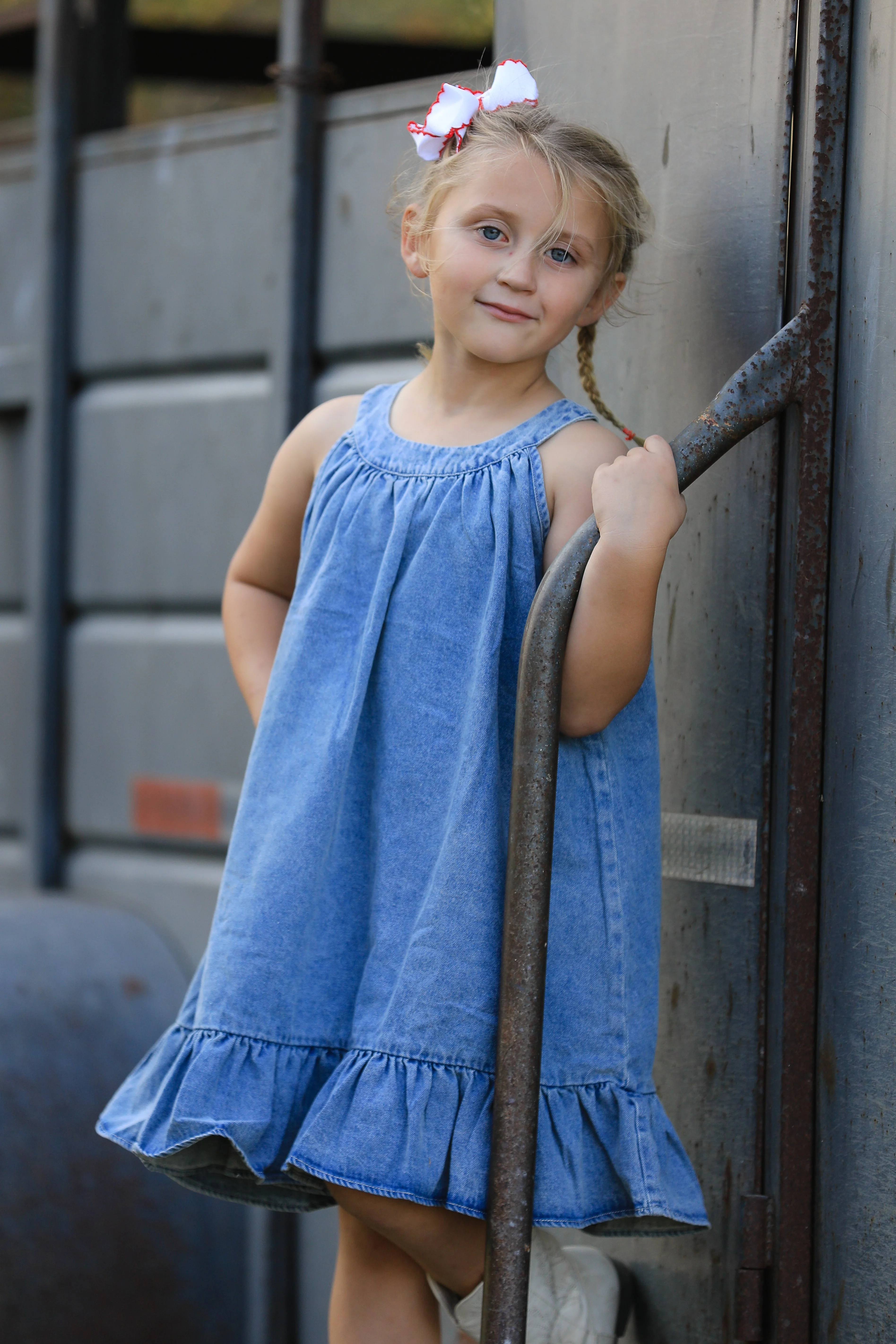 Girls Denim Ruffle Trim A-Line Dress - Image 5