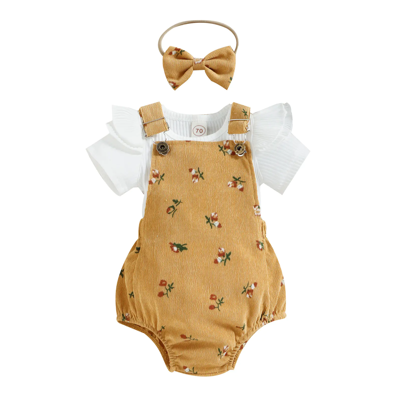 Girls' Floral Corduroy Suspender Pants Set with Headband - Image 13