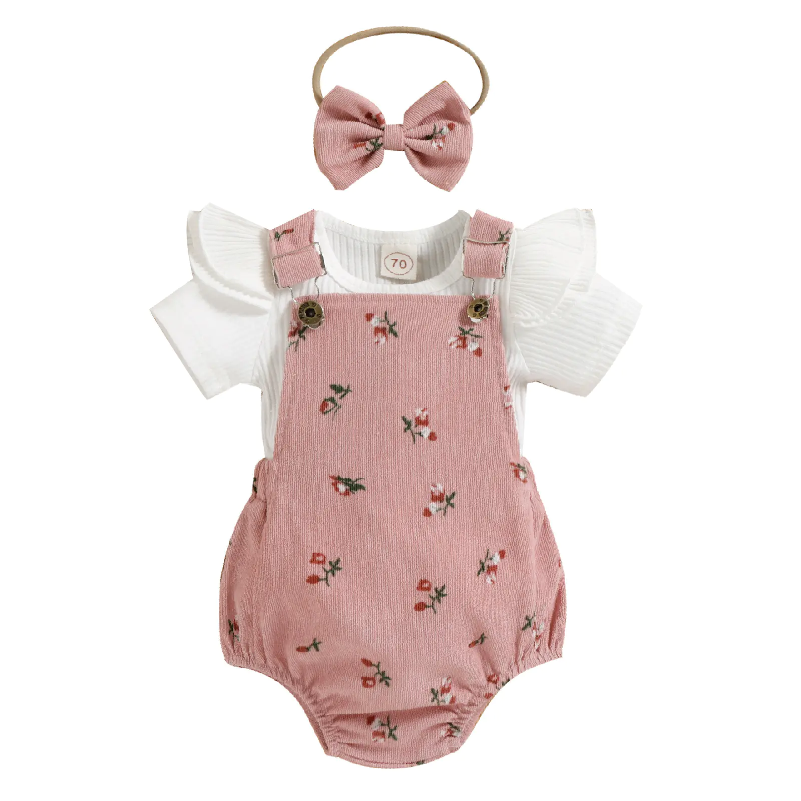 Girls' Floral Corduroy Suspender Pants Set with Headband - Image 14