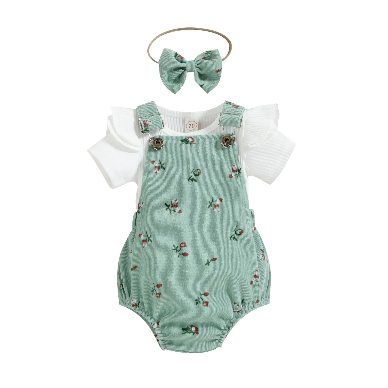 Girls' Floral Corduroy Suspender Pants Set with Headband - Image 7