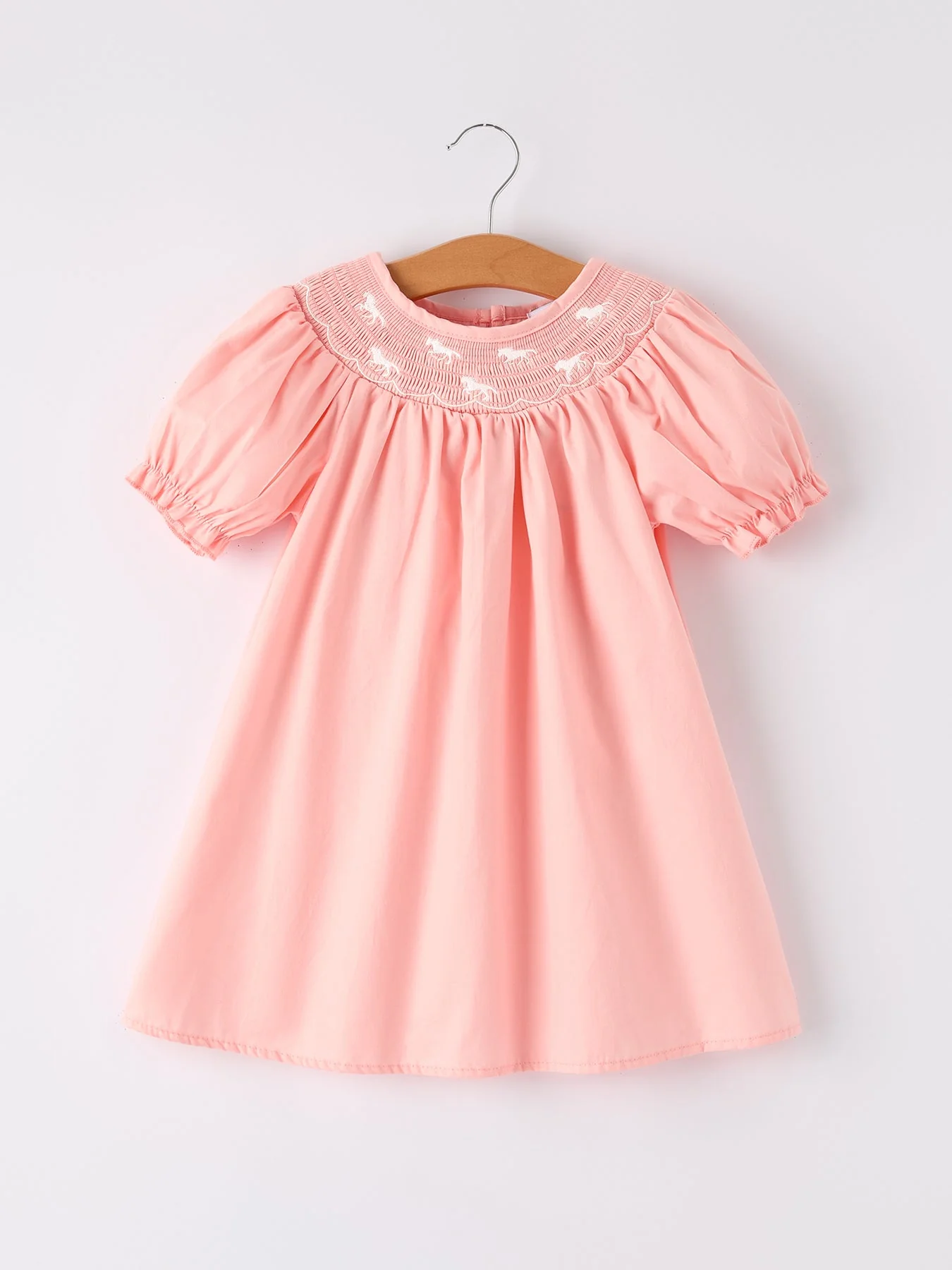 Girls Horse Smocking Embroidered Coral Dress