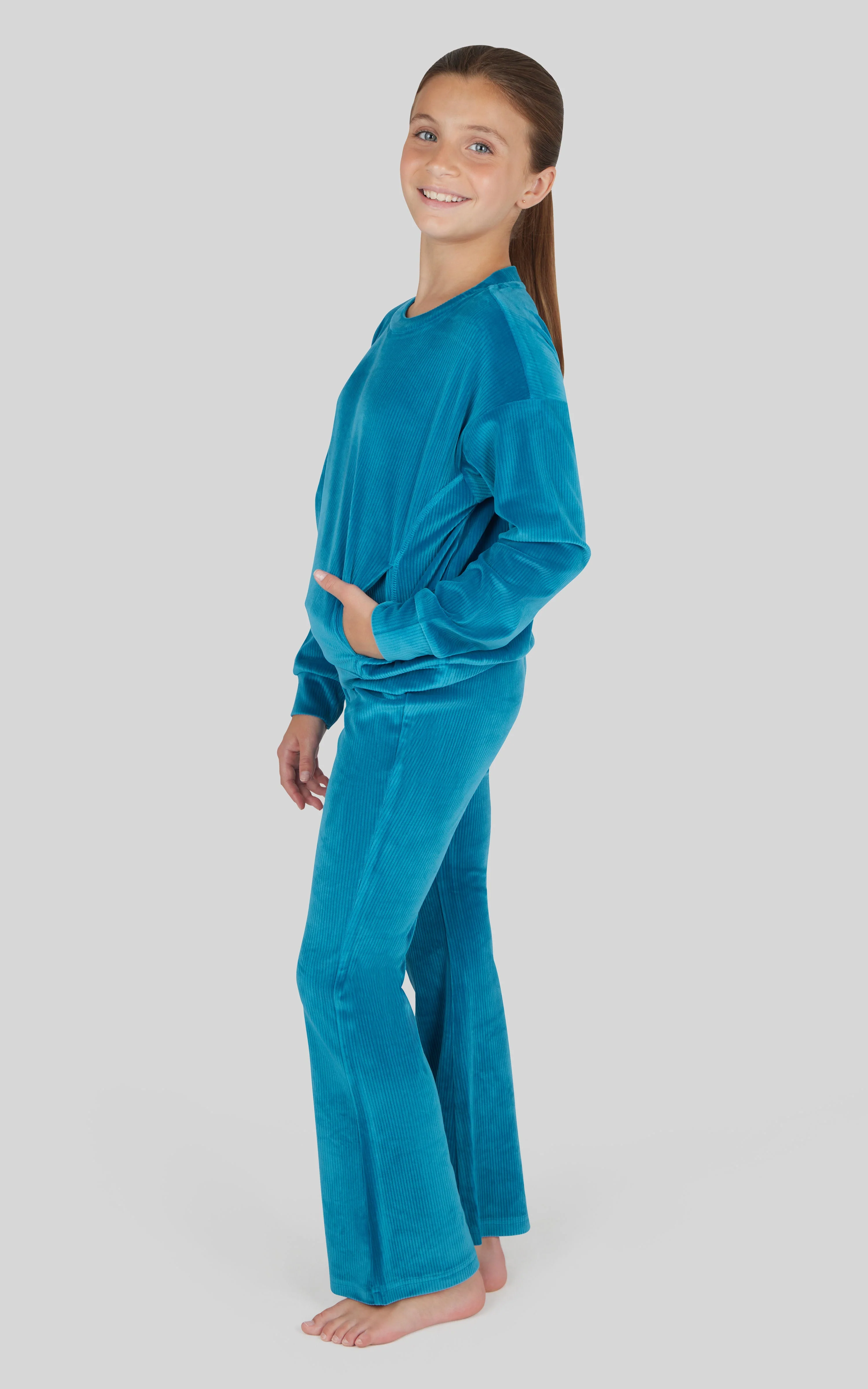 Girls Rib Velour Crew Neck Top With Pockets + Rib Velour  Crossover Flared Leg Pant + Scrunchie Set - Image 5