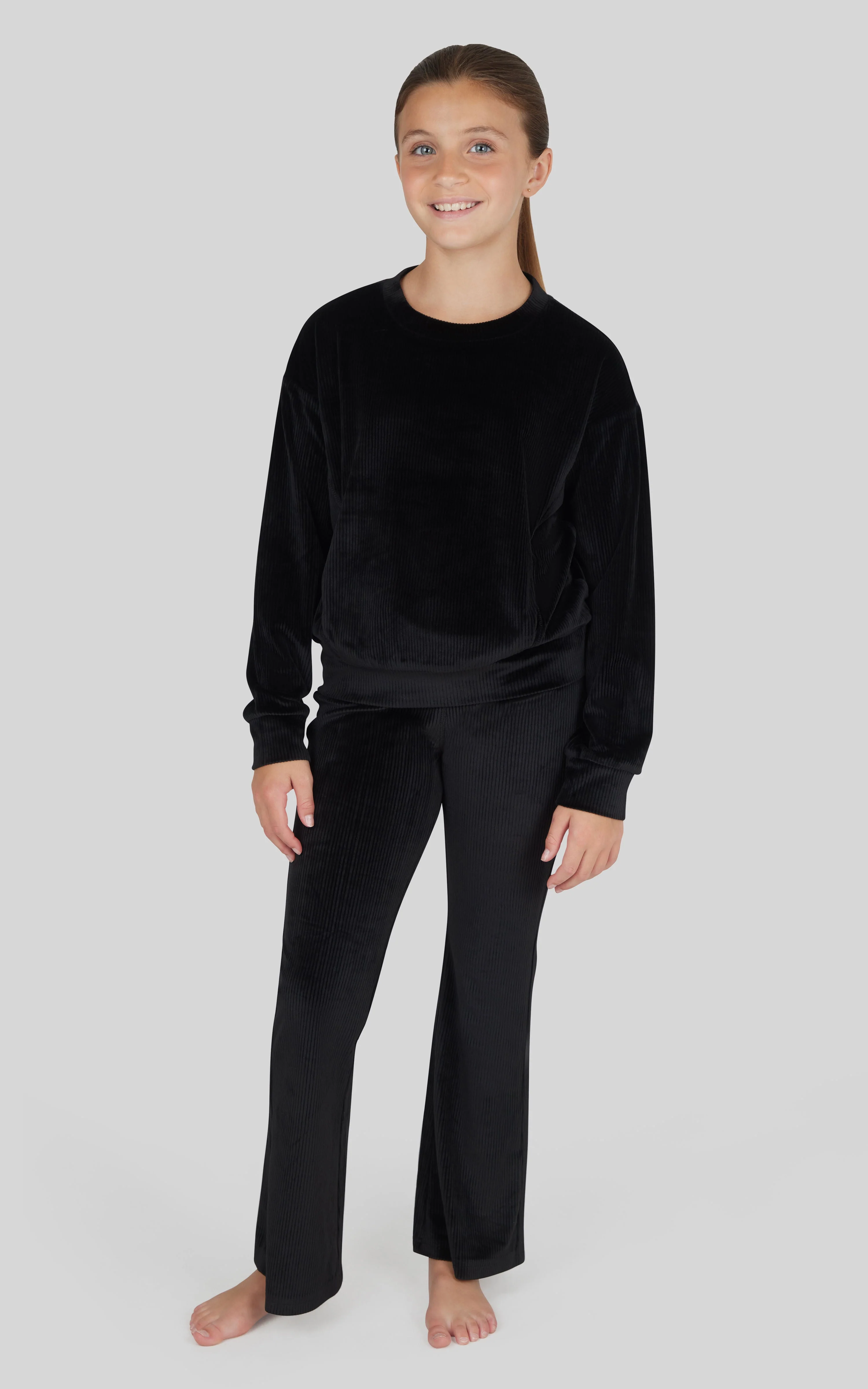 Girls Rib Velour Crew Neck Top With Pockets + Rib Velour  Crossover Flared Leg Pant + Scrunchie Set - Image 6