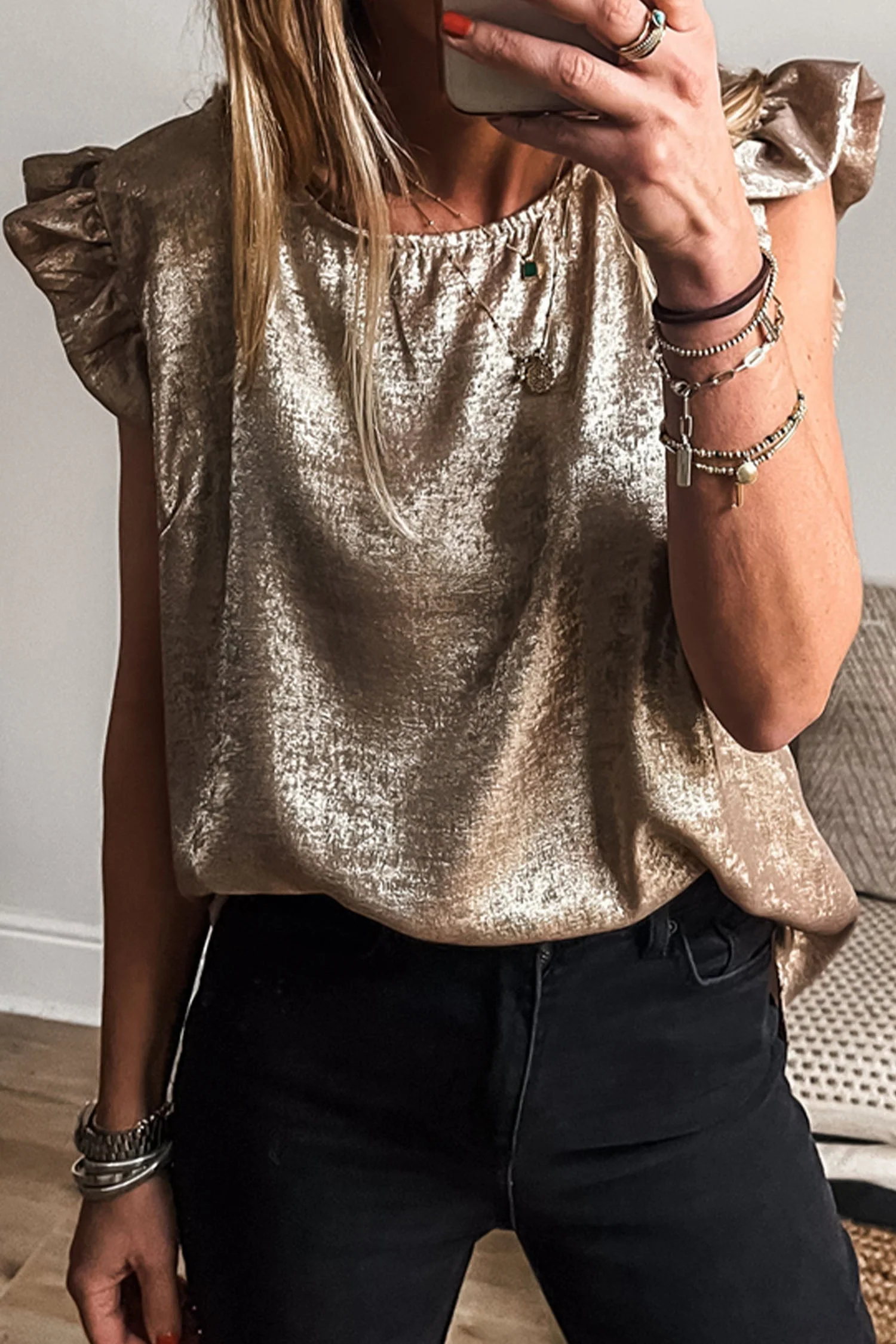 Gold Metallic Round Neck Ruffle Trim Sleeveless Top - Image 6