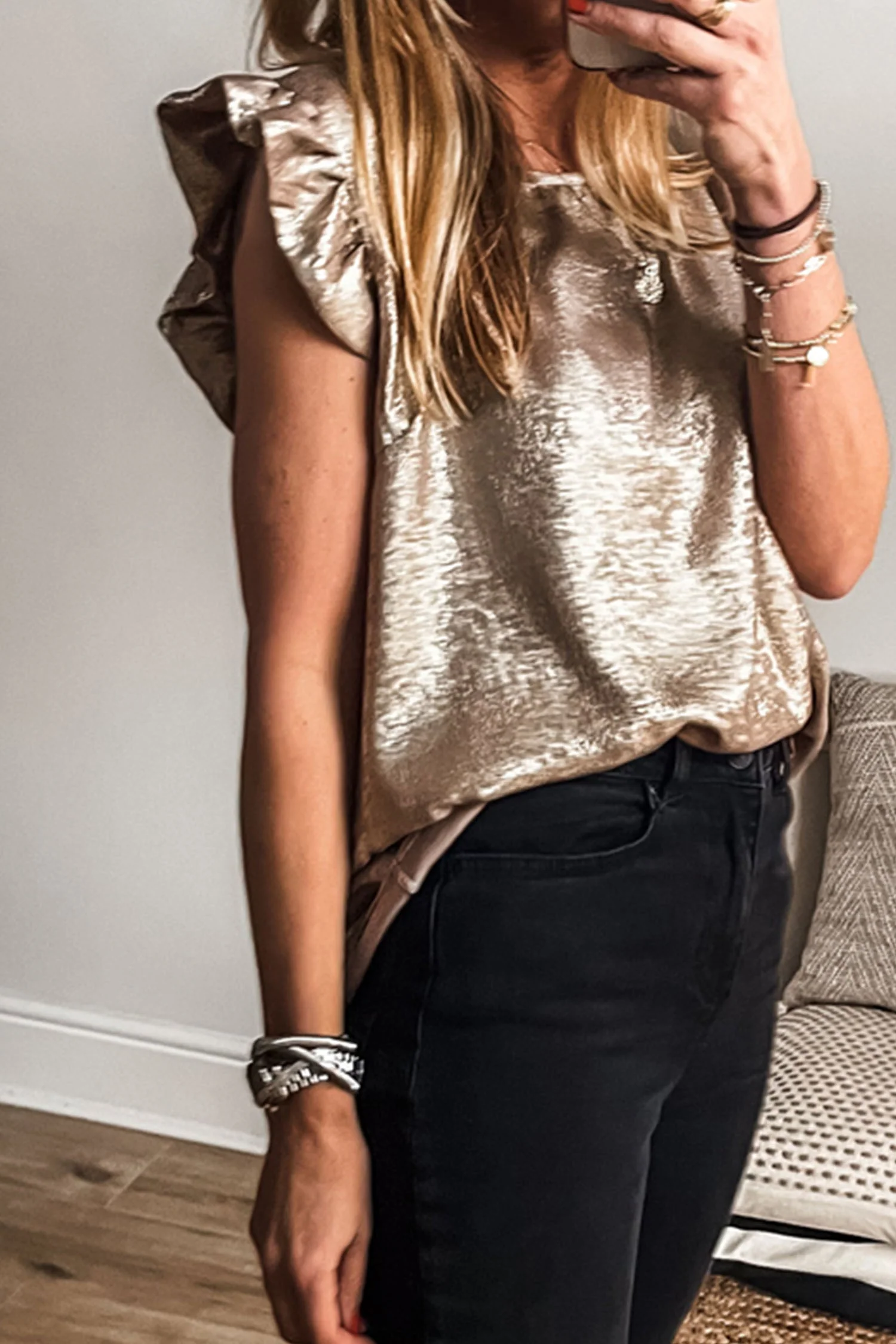 Gold Metallic Round Neck Ruffle Trim Sleeveless Top - Image 7