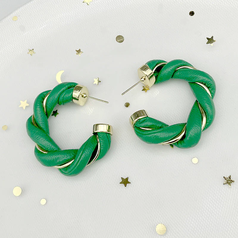 Gold-Plated Twisted Leather Hoop Earrings with Gift Pouch - Image 11