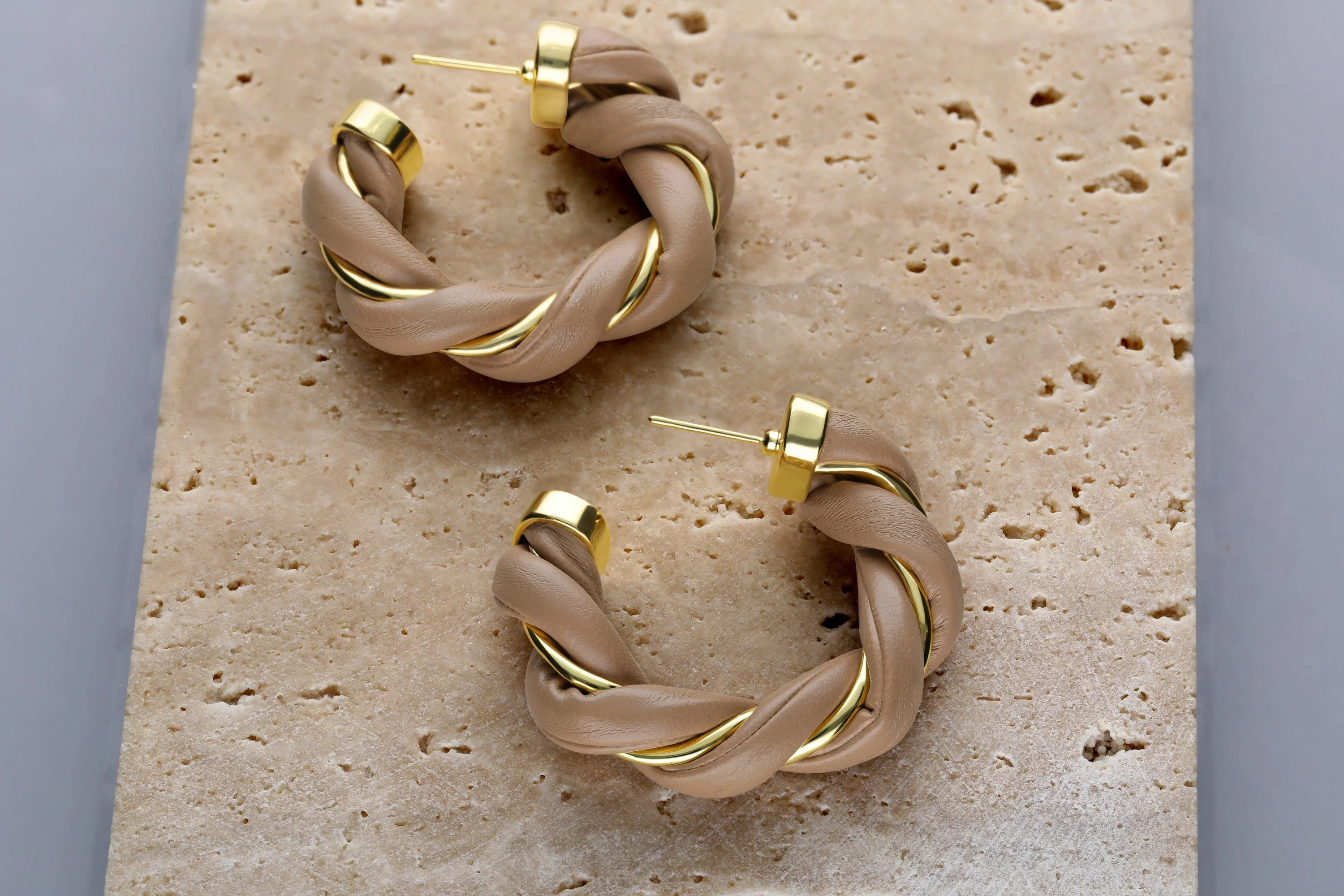 Gold-Plated Twisted Leather Hoop Earrings with Gift Pouch - Image 16