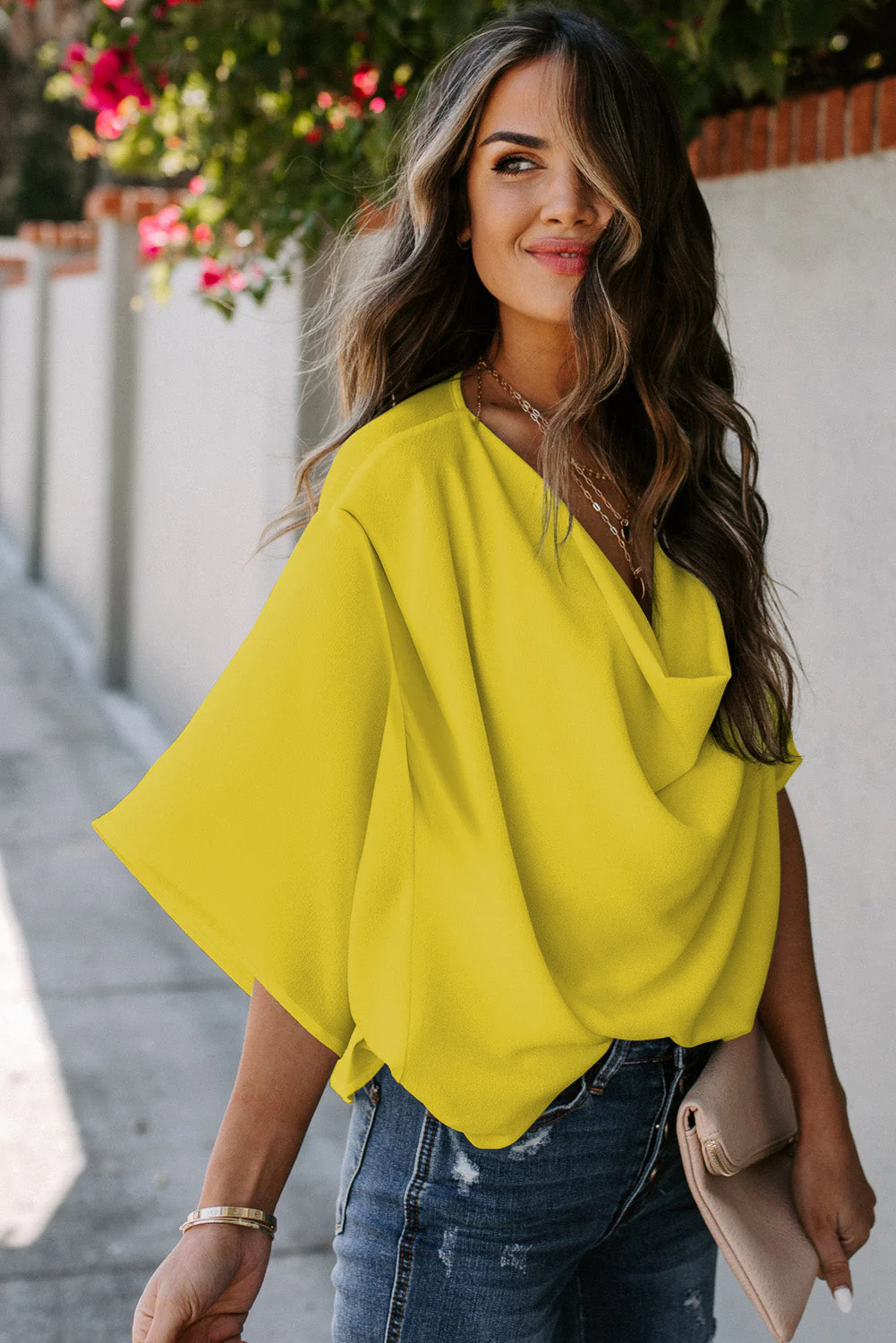 Golden Glow Women's Casual Summer Sleeve Wrap V Neck Draped Blouses - Image 5