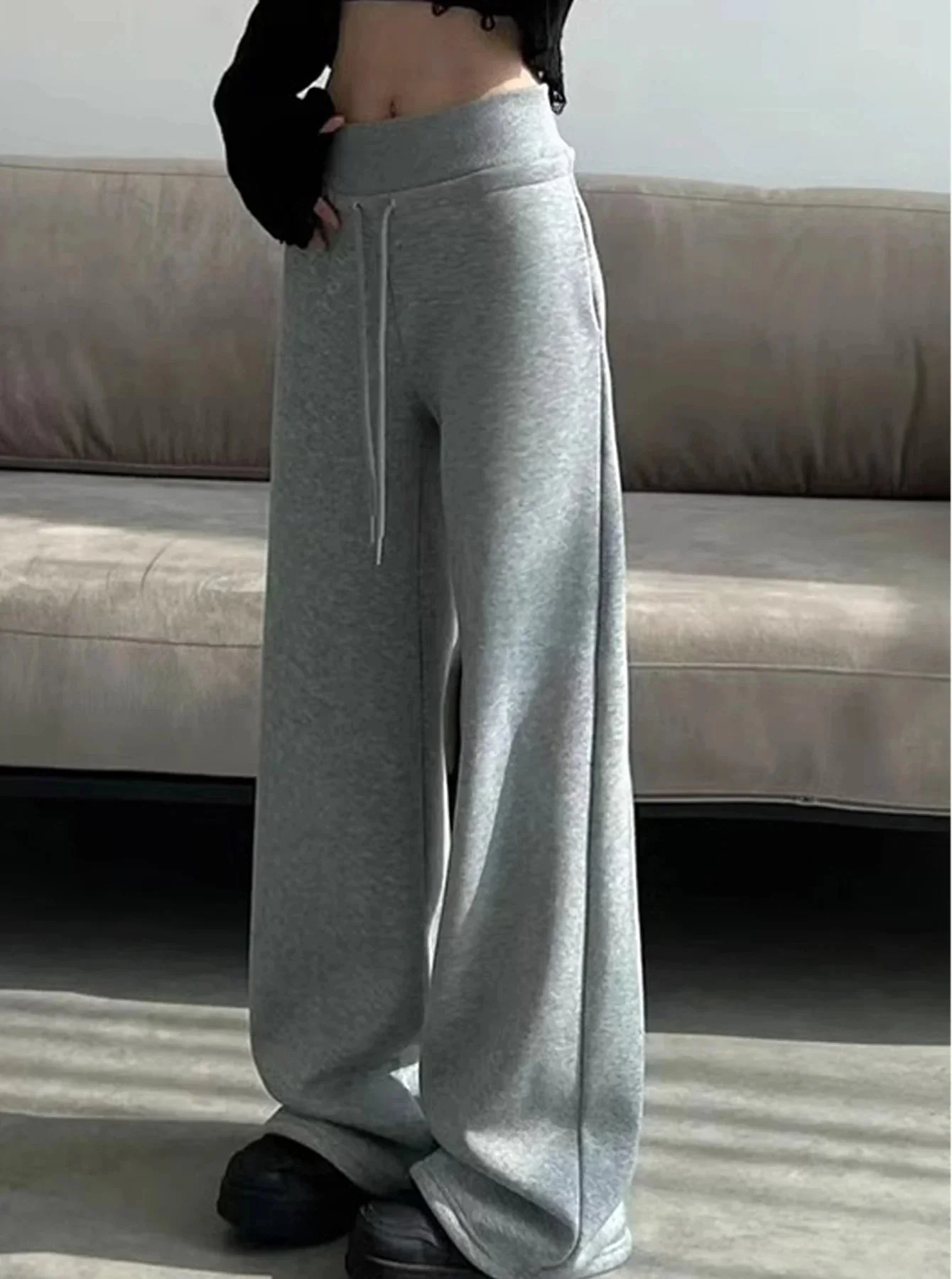 Gray High-Waist Loose Wide-Leg Straight Pants Women - Image 4