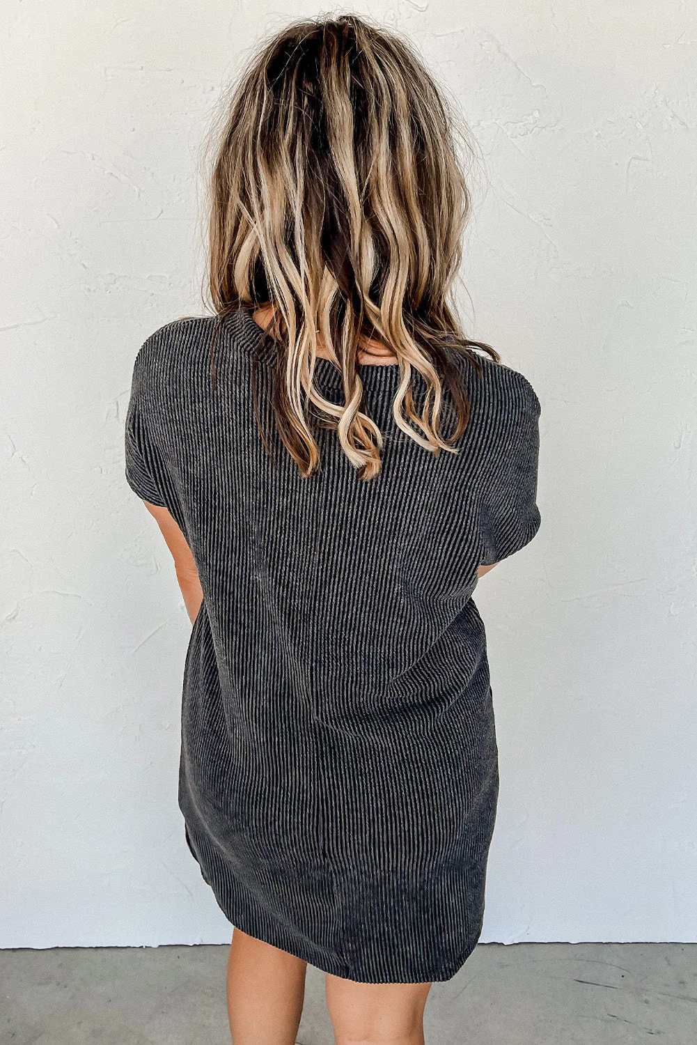 Gray Striped Ribbed Knit T-shirt Shift Dress - Image 5