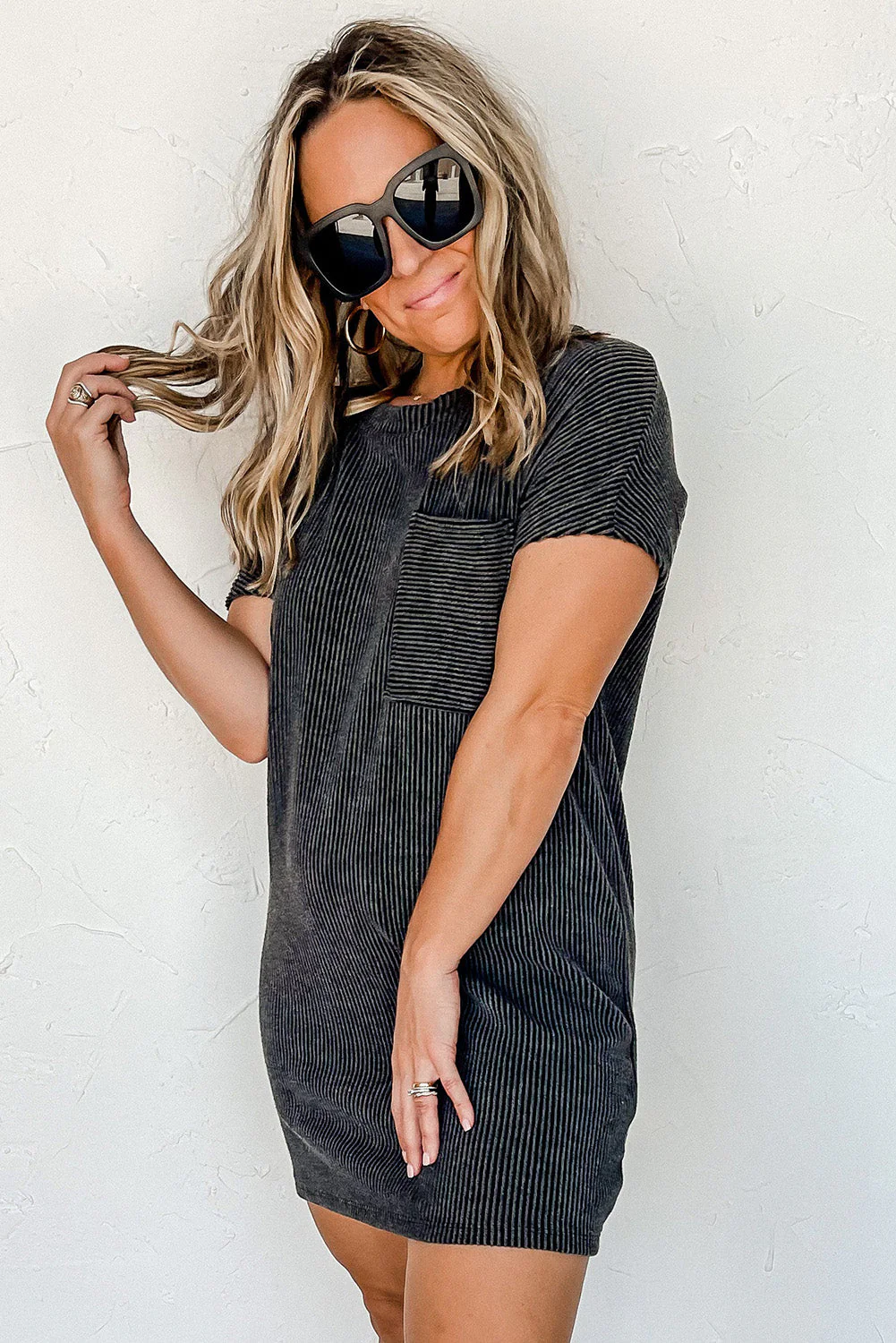 Gray Striped Ribbed Knit T-shirt Shift Dress - Image 7