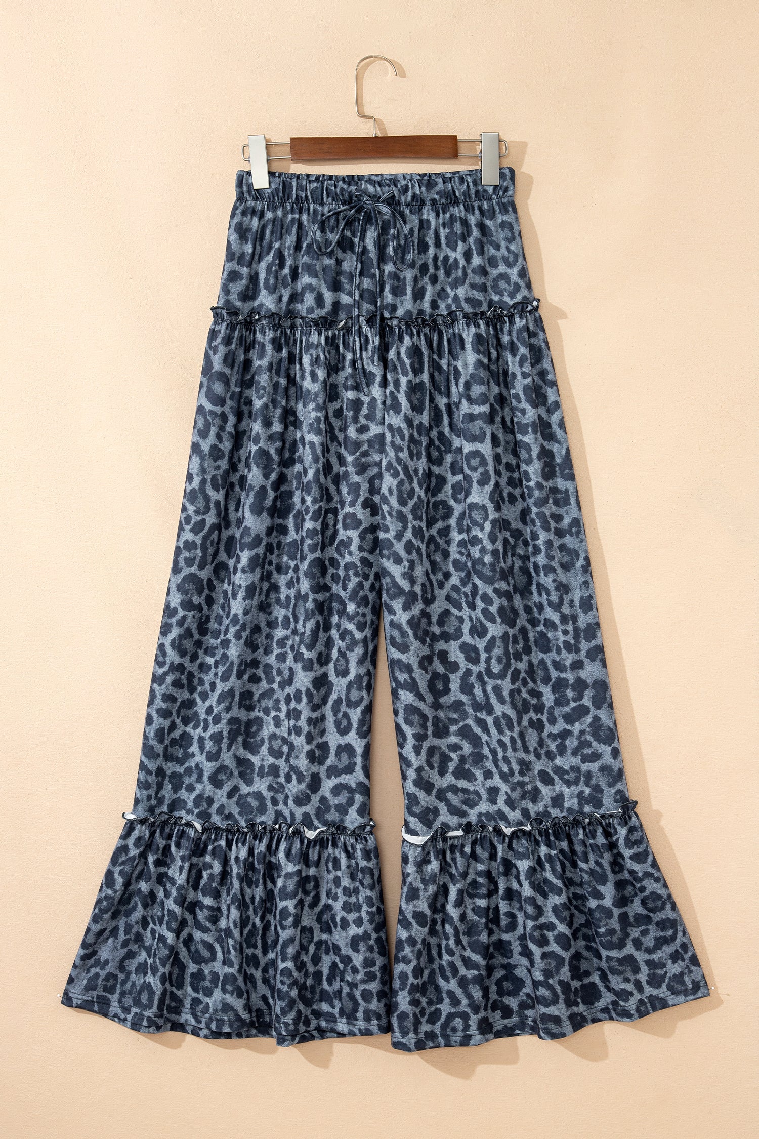 Gray Wild Leopard Print Frilled Detail Drawstring Wide Leg Pants - Image 2
