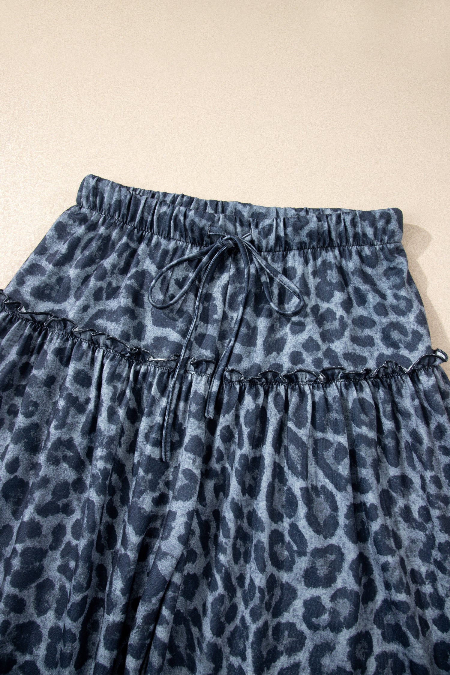 Gray Wild Leopard Print Frilled Detail Drawstring Wide Leg Pants - Image 4