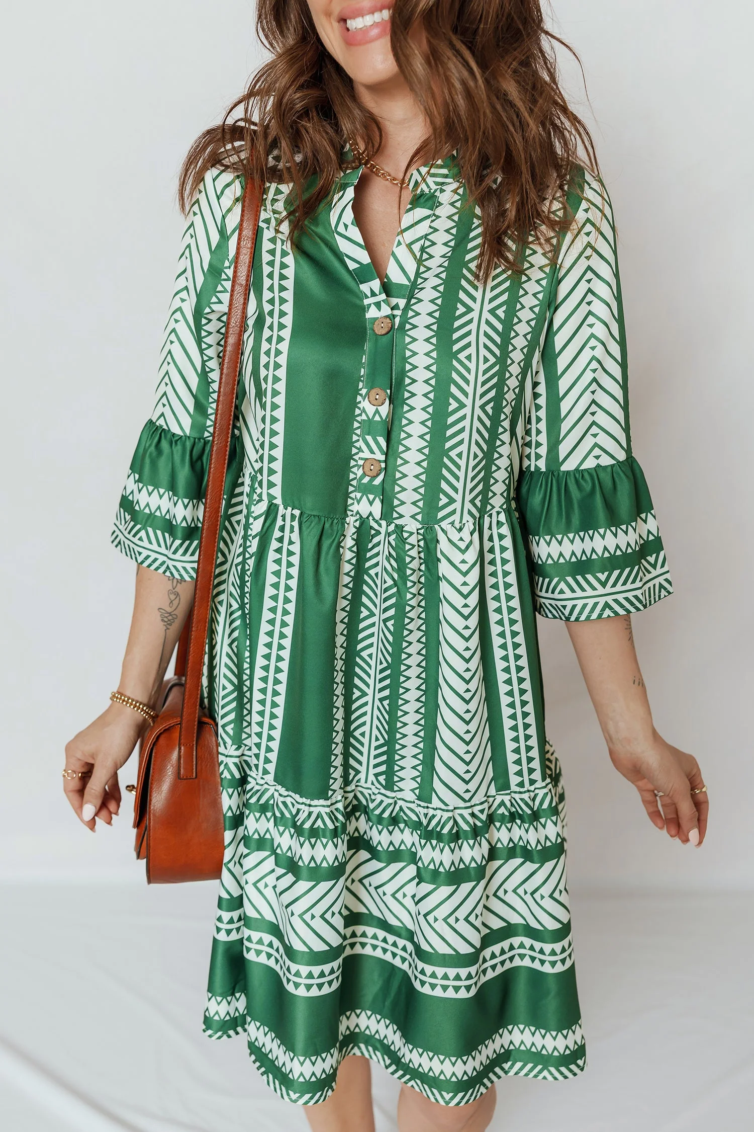Green Boho Ethnic Print Half Button 3/4 Sleeve Casual Dress - Image 3