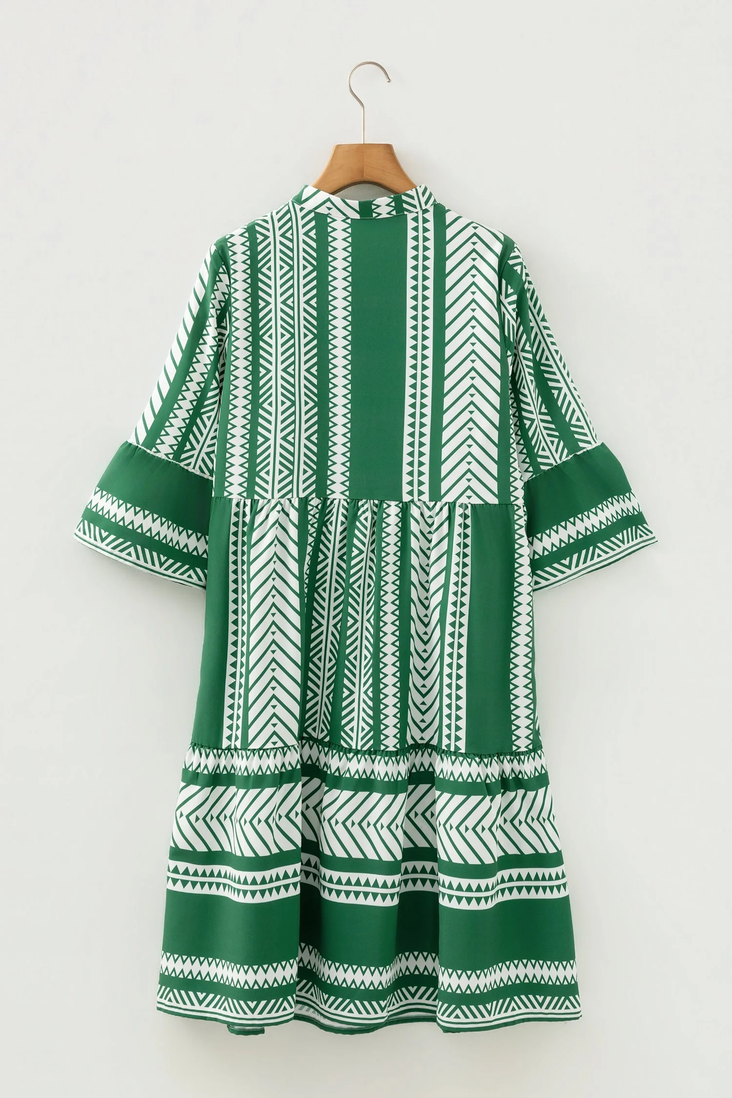 Green Boho Ethnic Print Half Button 3/4 Sleeve Casual Dress - Image 5