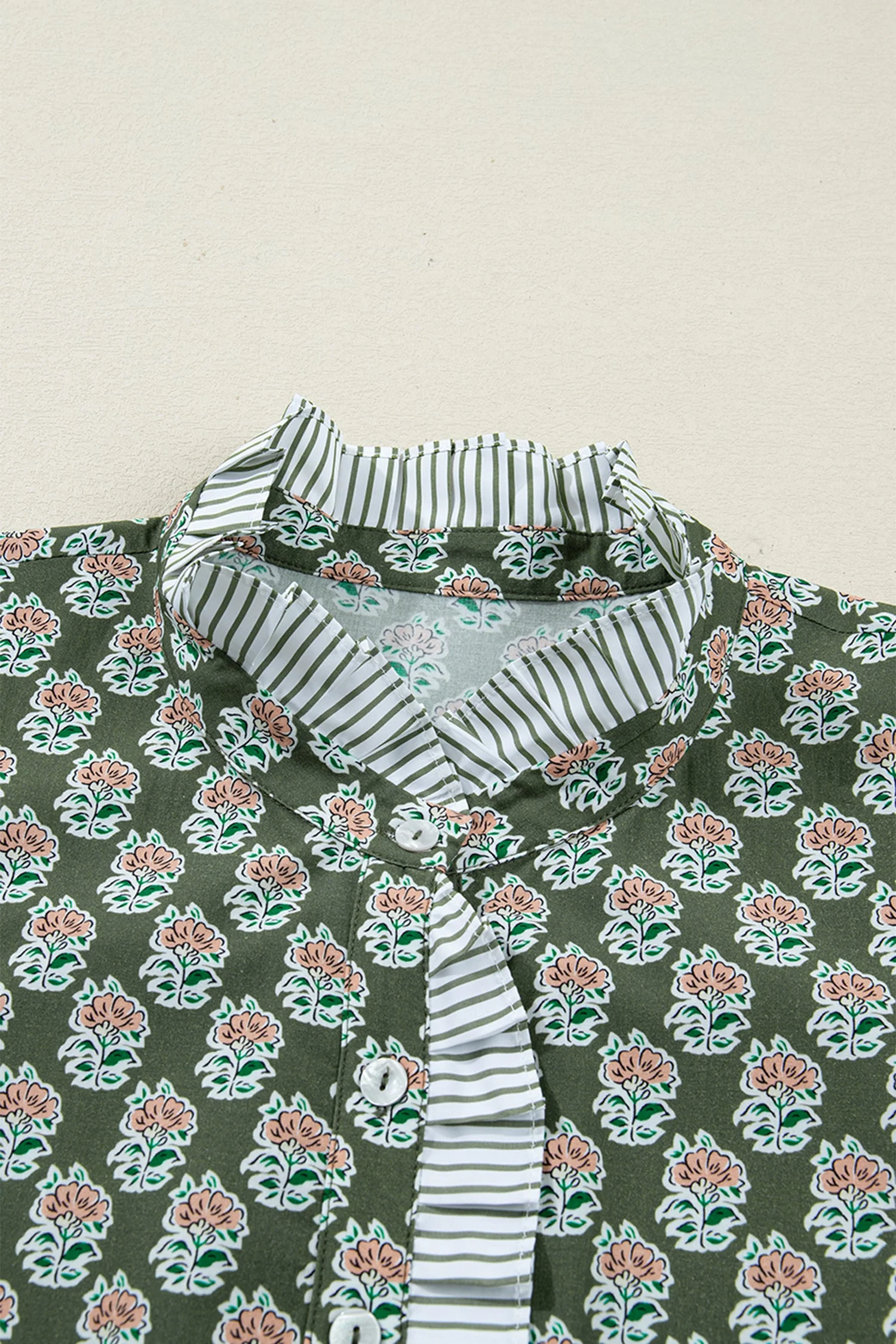 Green Contrast Striped Frilled Collar 3/4 Sleeve Plus Size Floral Dress - Image 5