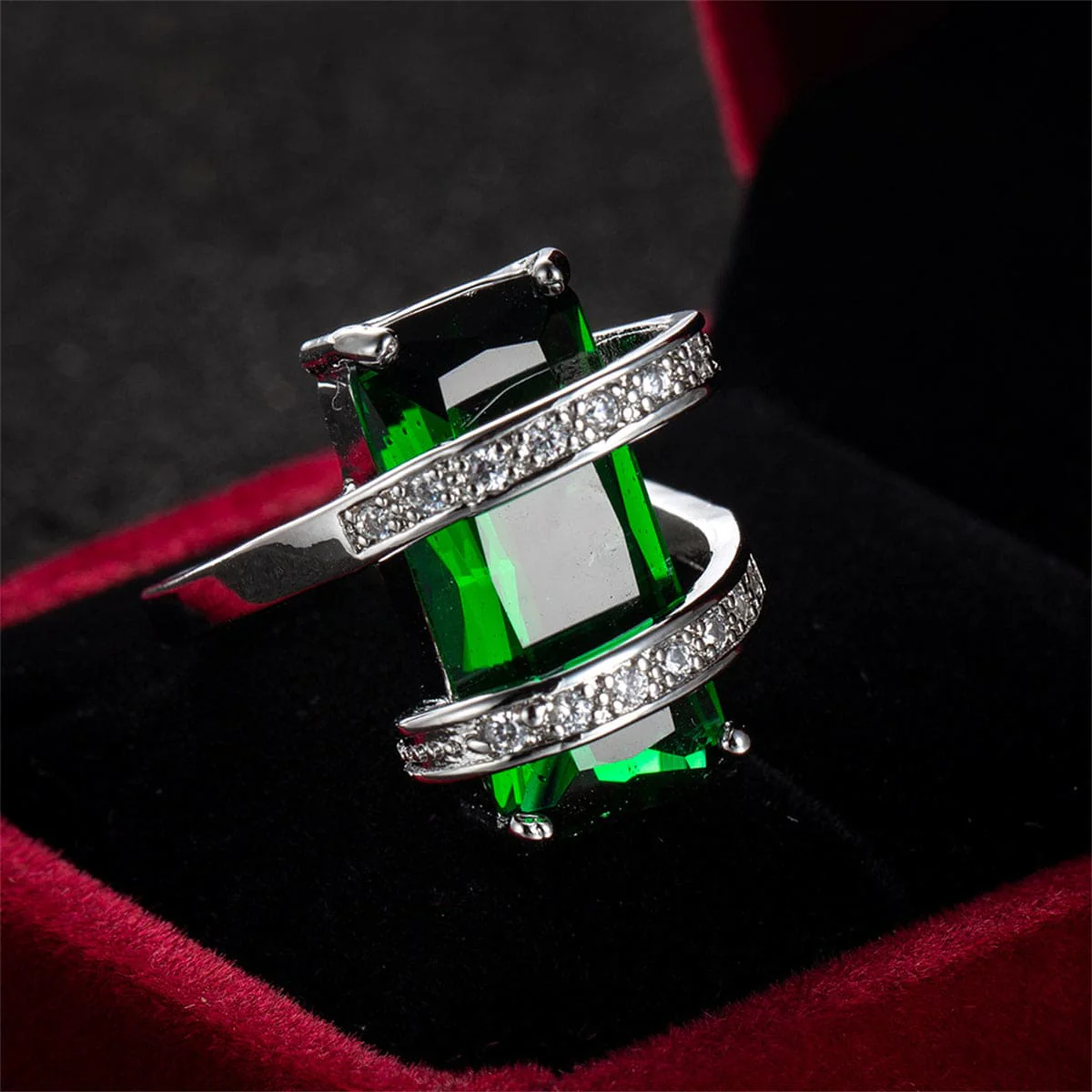 Green Crystal & Cubic Zirconia Pavé Wrap Emerald-Cut Ring