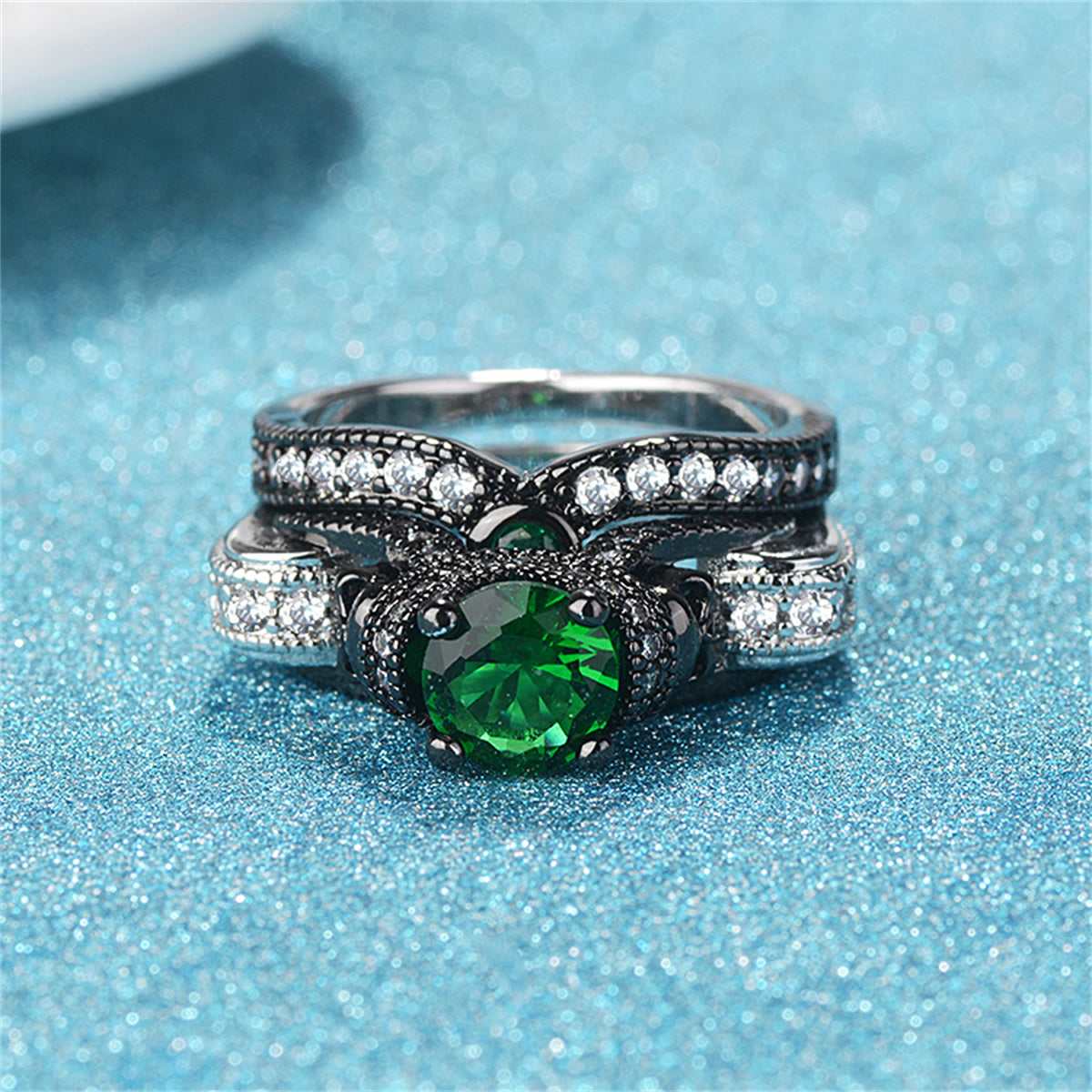 Green Crystal & Cubic Zirconia Two-Tone Skull Ring Set - Image 3