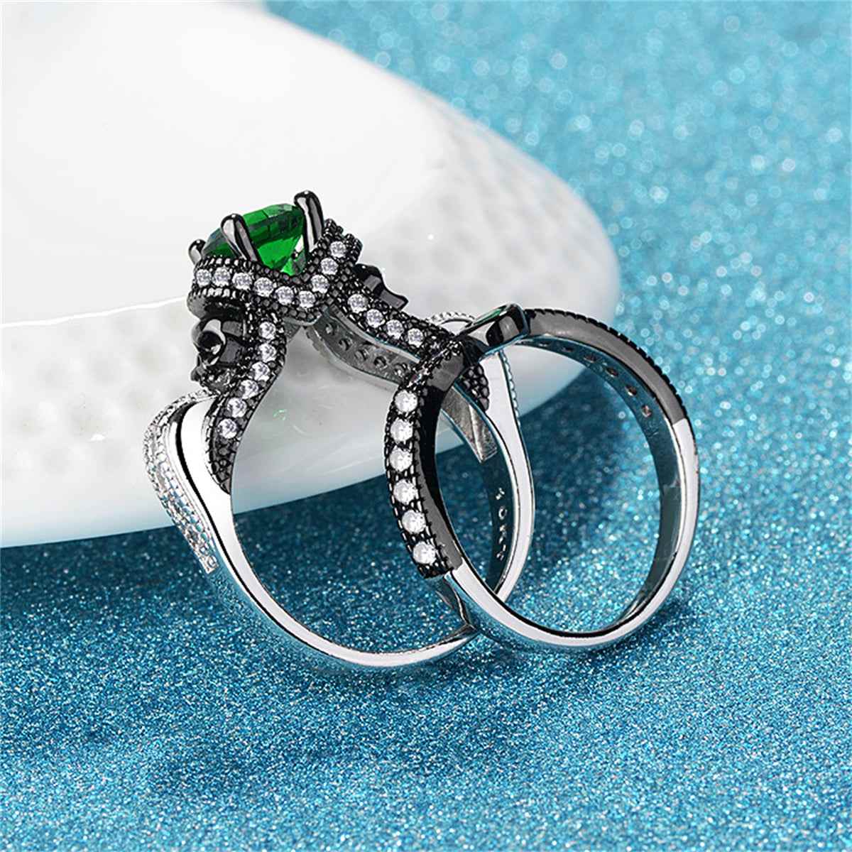 Green Crystal & Cubic Zirconia Two-Tone Skull Ring Set - Image 6
