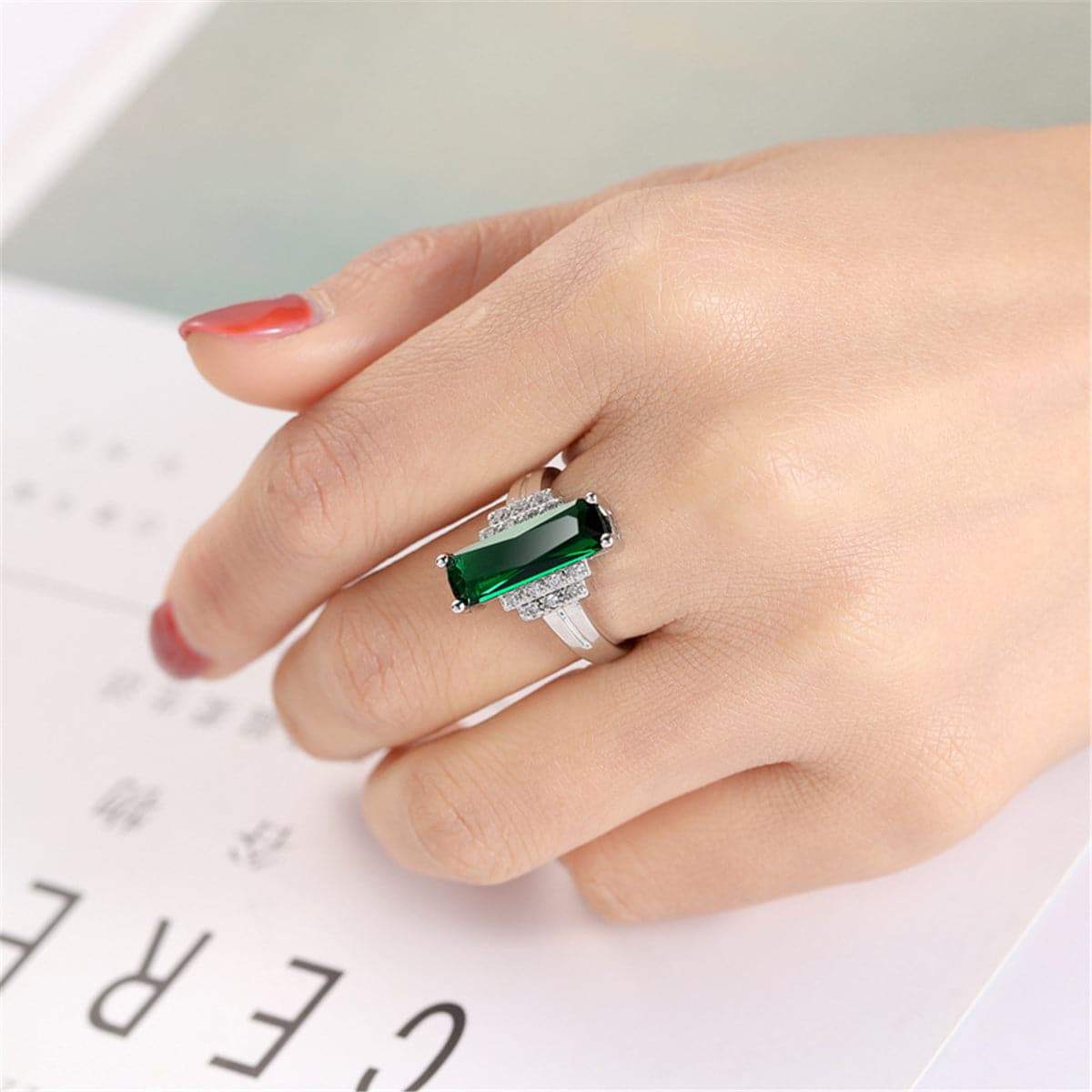 Green Cubic Zirconia & Crystal Baguette-Cut Ring - Image 4