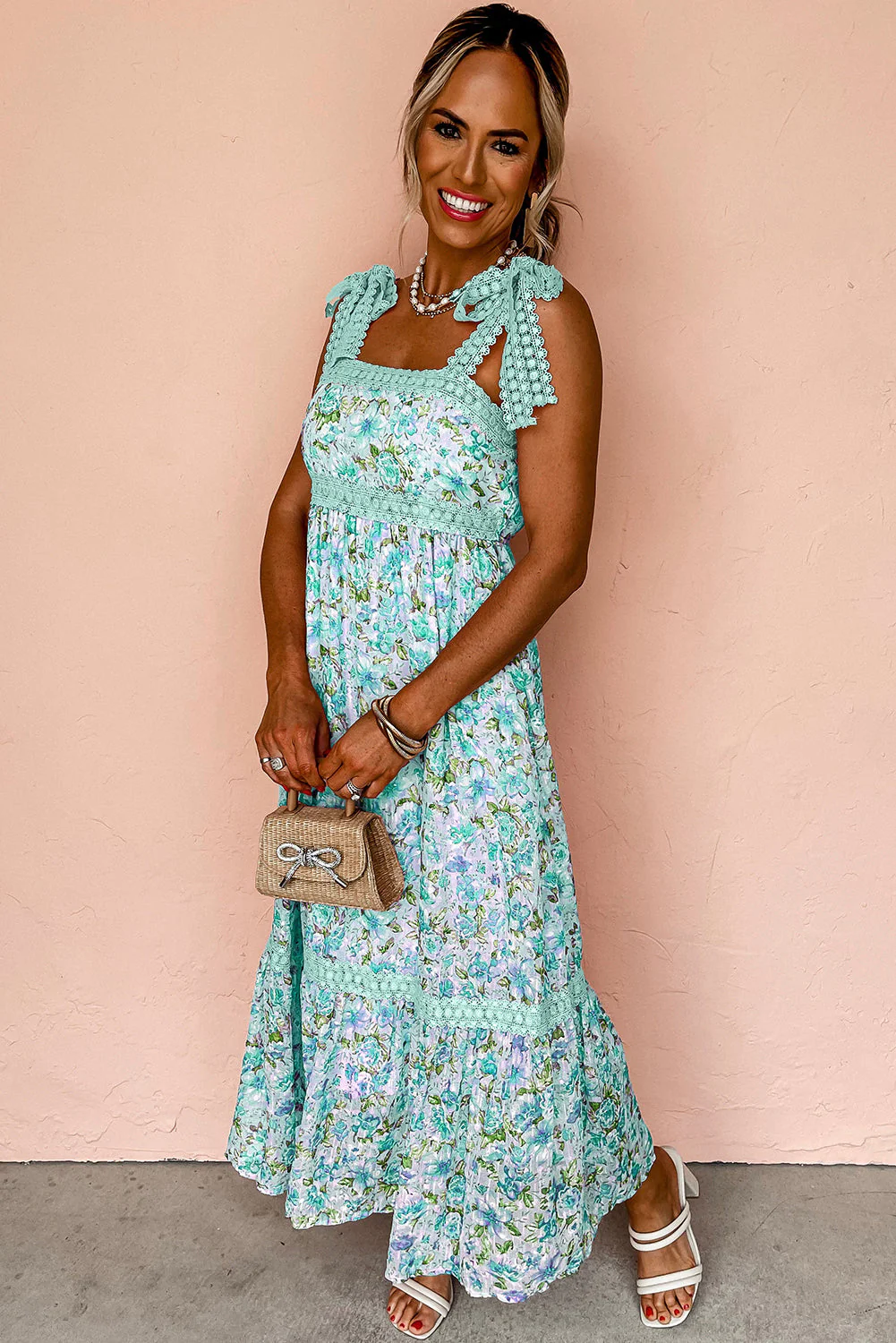 Green Floral Lace Tied Strap Empire Waist Maxi Dress - Image 4