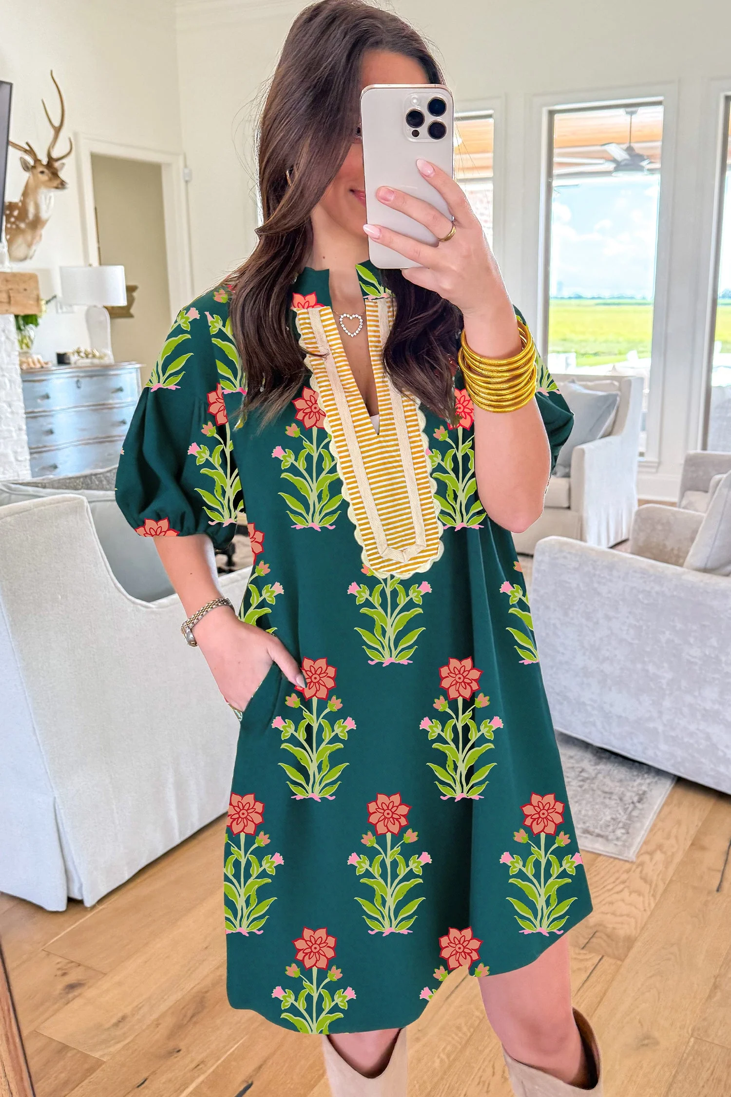 Green Floral Print Contrast Trim Striped Patchwork Short Sleeve Dress - Image 2