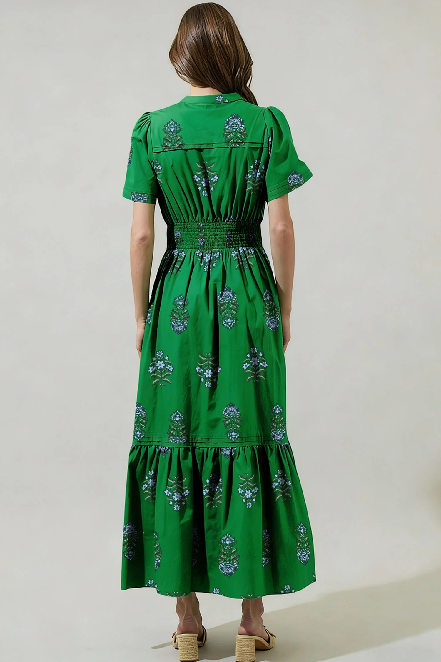 Green Floral Print Split Neck Shirred High Waist Ruffle Hem Maxi Dress - Image 2