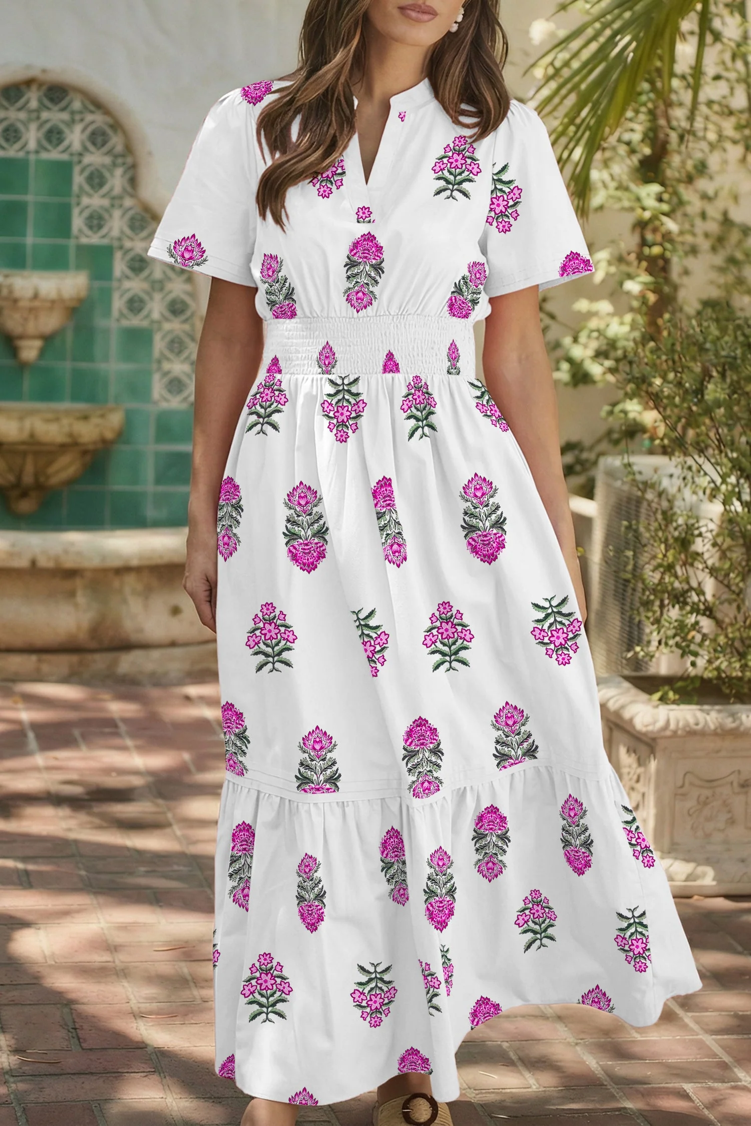 Green Floral Print Split Neck Shirred High Waist Ruffle Hem Maxi Dress - Image 4