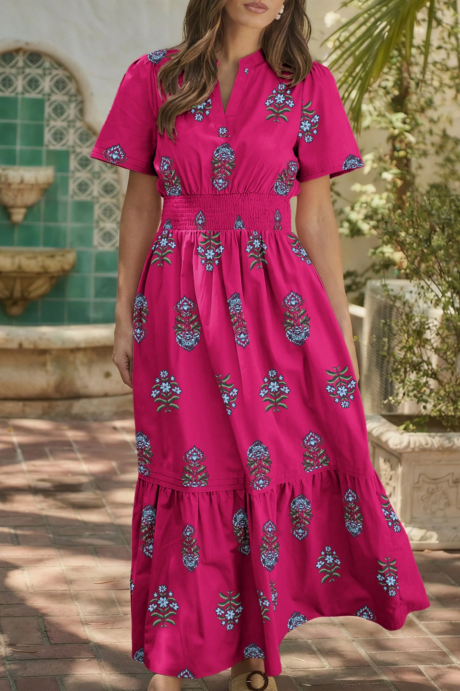 Green Floral Print Split Neck Shirred High Waist Ruffle Hem Maxi Dress - Image 7