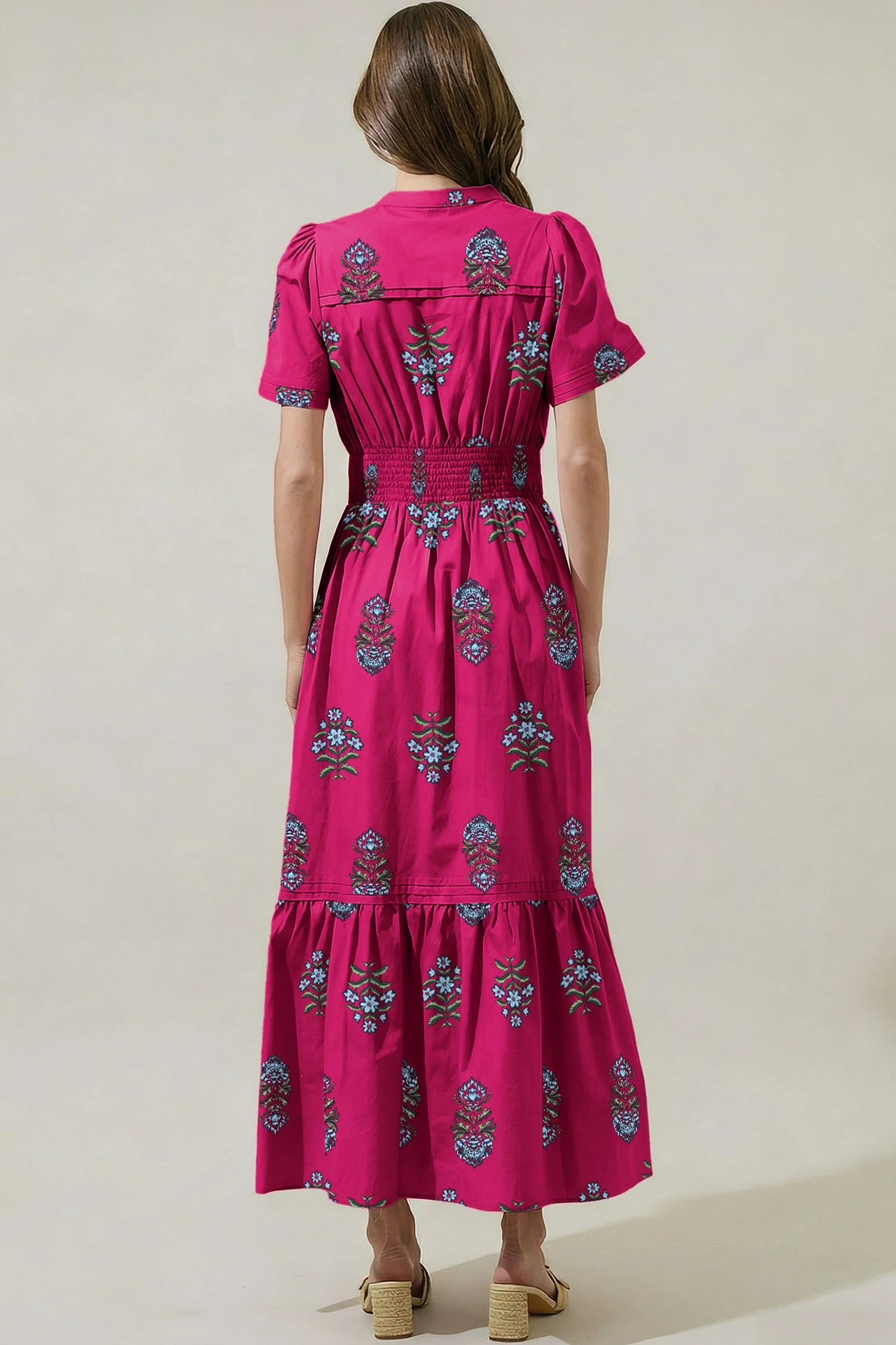 Green Floral Print Split Neck Shirred High Waist Ruffle Hem Maxi Dress - Image 8