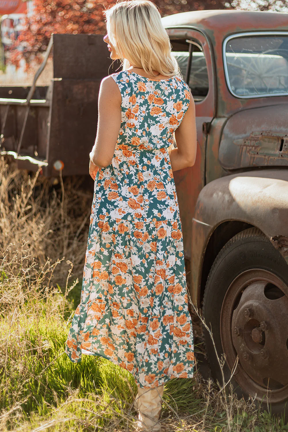 Green Floral Print Trimmed V Neck Tie Waist Sleeveless Holiday Long Dress - Image 10